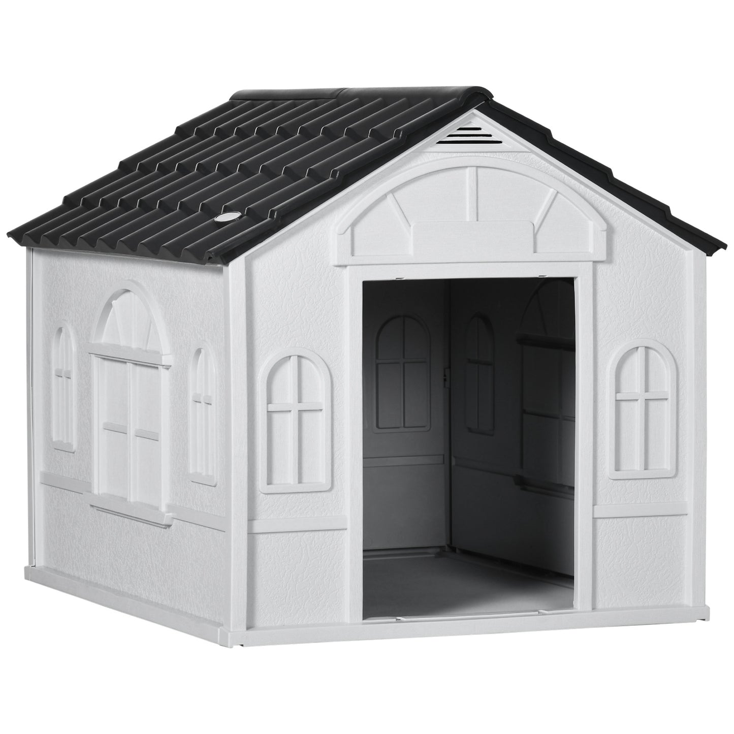 PawHut Plastic Dog House, Water Resistant Puppy Shelter Indoor Outdoor with Door, Easy to Assemble, for Medium and Small Dogs, Gray