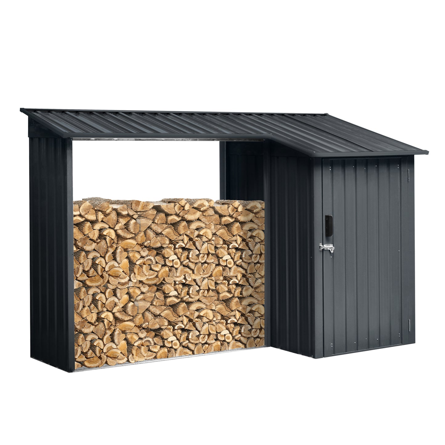 Outdoor Steel Firewood Rack and Metal Storage Shed,Two-In-One,Black