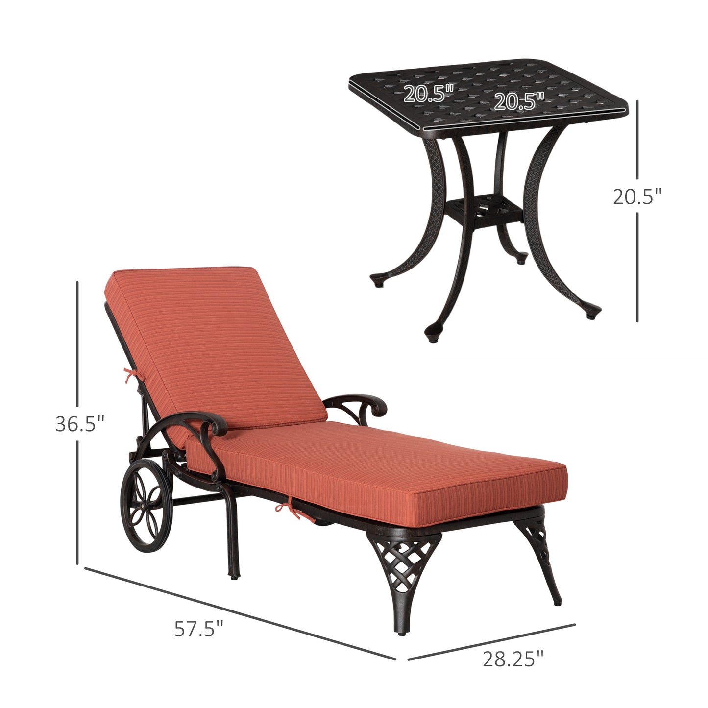 Aluminum Adjustable Chaise Lounge Chair, Folding 4-Position Patio Recliner, Wheels, Armrests, Side Table, Cushion for Poolside, Backyard, Deck, Porch Garden, Red