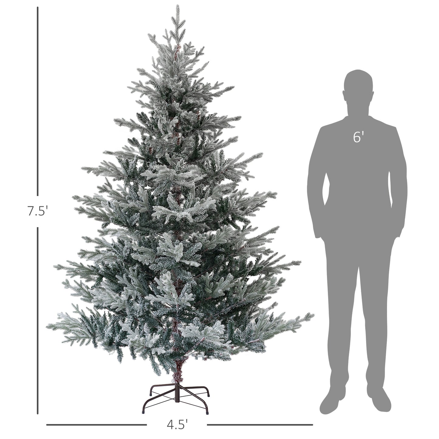 HOMCOM 7.5ft Nordic Pine Artificial Christmas Tree with 1218 Snow Flocked Tips, Foldable Metal Stand, Easy Assembly, Hinged Xmas Tree for Home Office Holiday