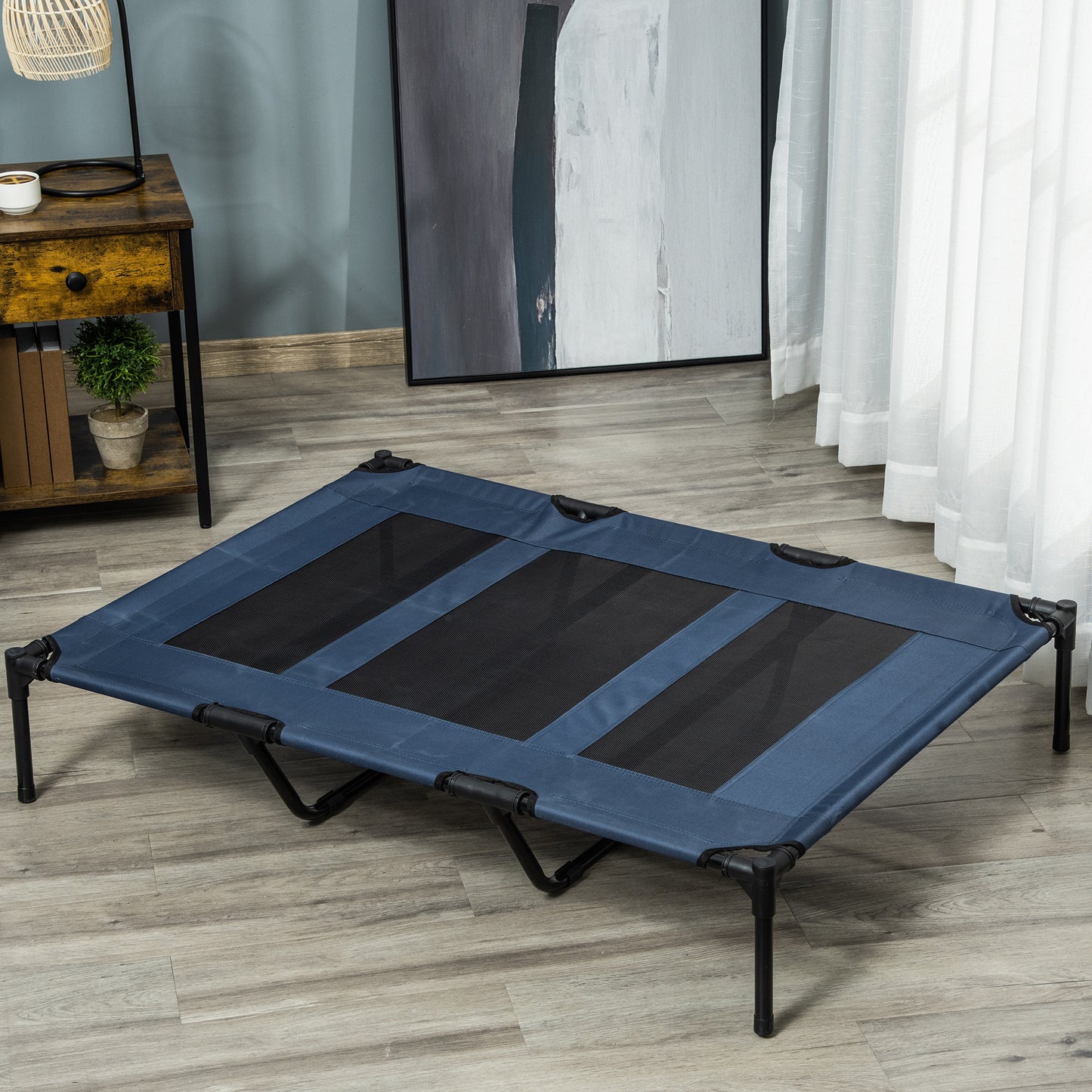 PawHut 48" x 36" Breathable Elevated Dog Bed Portable Pet Cot, Raised Pet Bed w/ Carry Bag Metal Frame Breathable Mesh Indoor and Outdoor Dark Blue