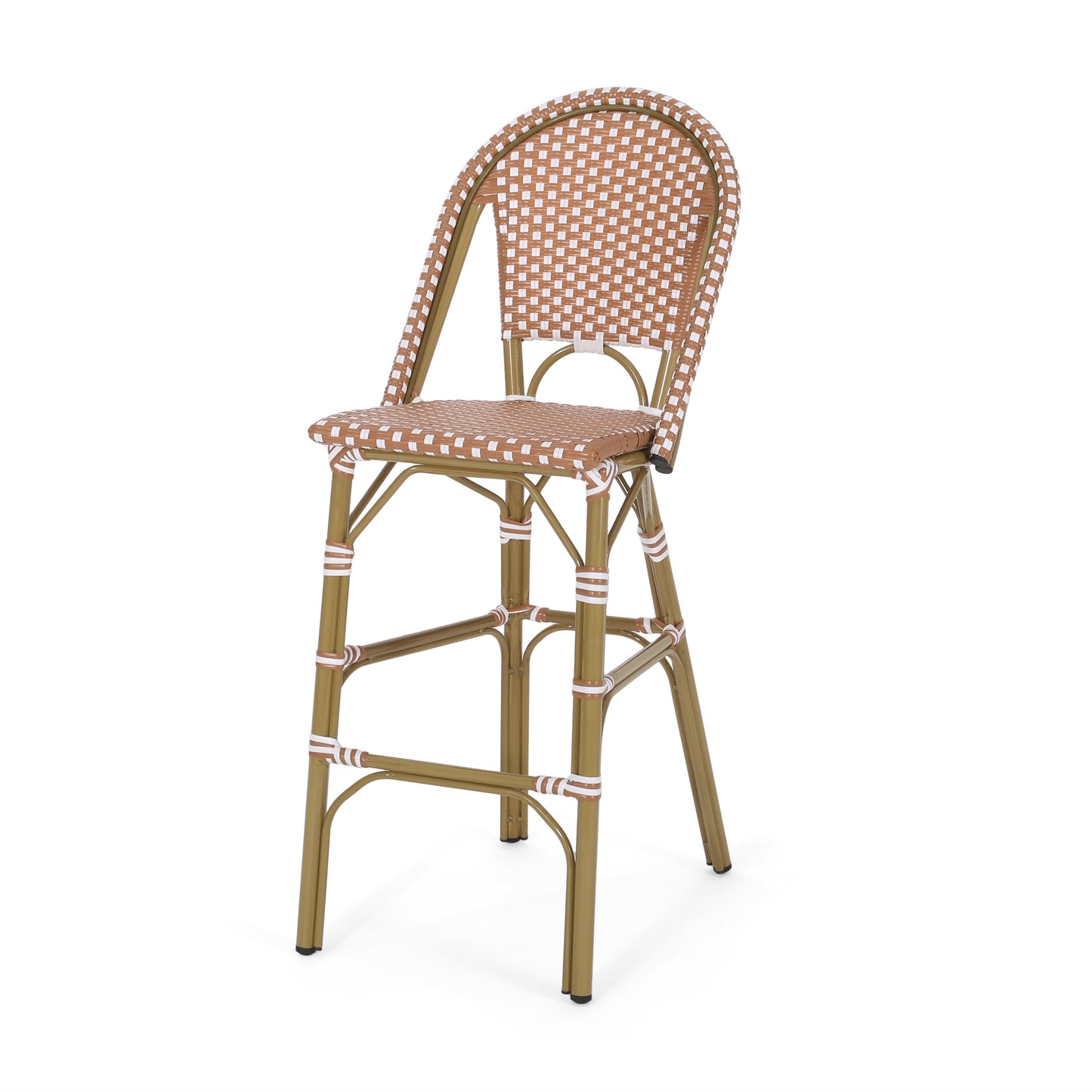 29.5" Outdoor PE Rattan French Barstool, Rust Red and White, Aluminum Frame with Bamboo Finish (Set of 2)