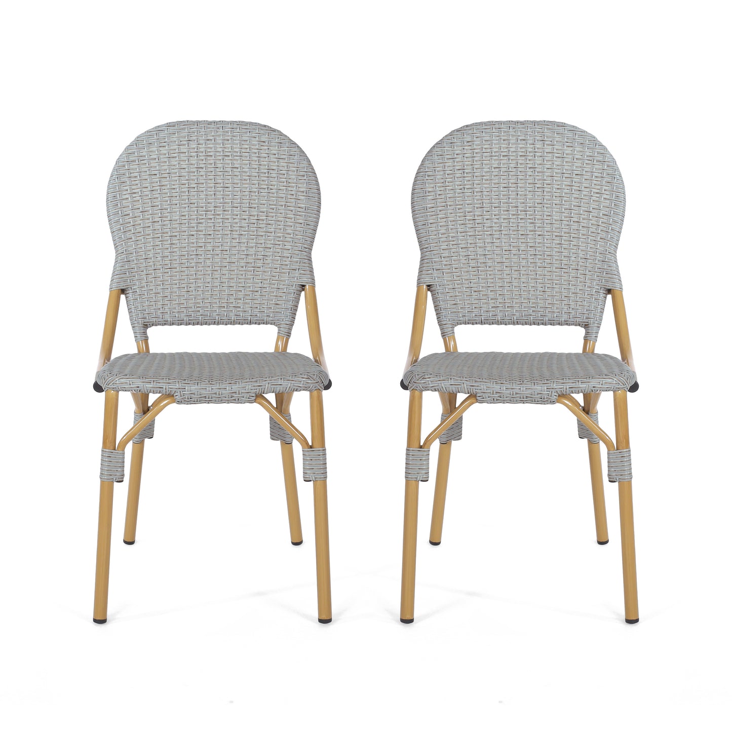 Outdoor PE Rattan and Aluminum Armless French Bistro Chairs, Set of 2, Gray and Bamboo Finish