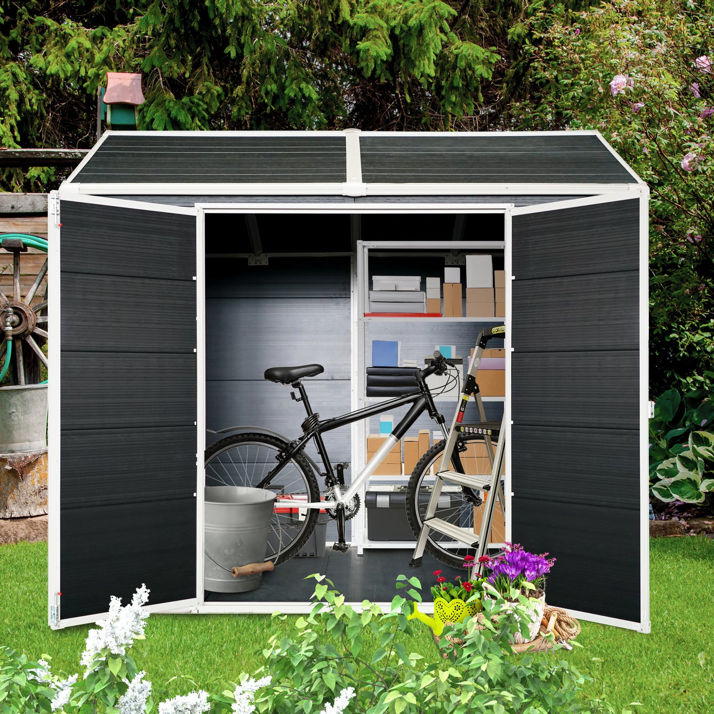 4x8ft Resin Outdoor Storage Shed with Two-Window and Double-Door,Plastic Shed with Floor for Gargen,Patio,Yard,Lawn,Black