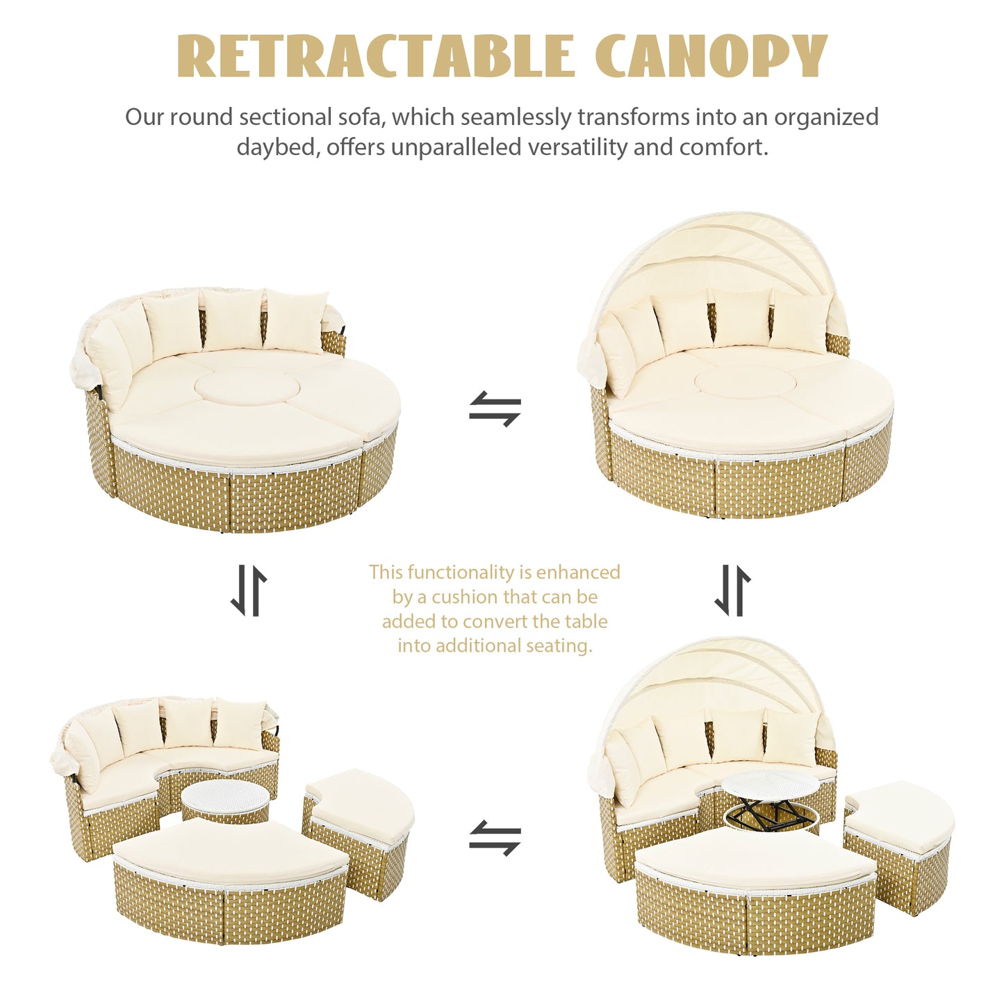 TOPMAX Patio Furniture Round Outdoor Sectional Sofa Set Rattan Daybed Two-Tone Weave Sunbed with Retractable Canopy, Separate Seating and Removable Cushion, Beige