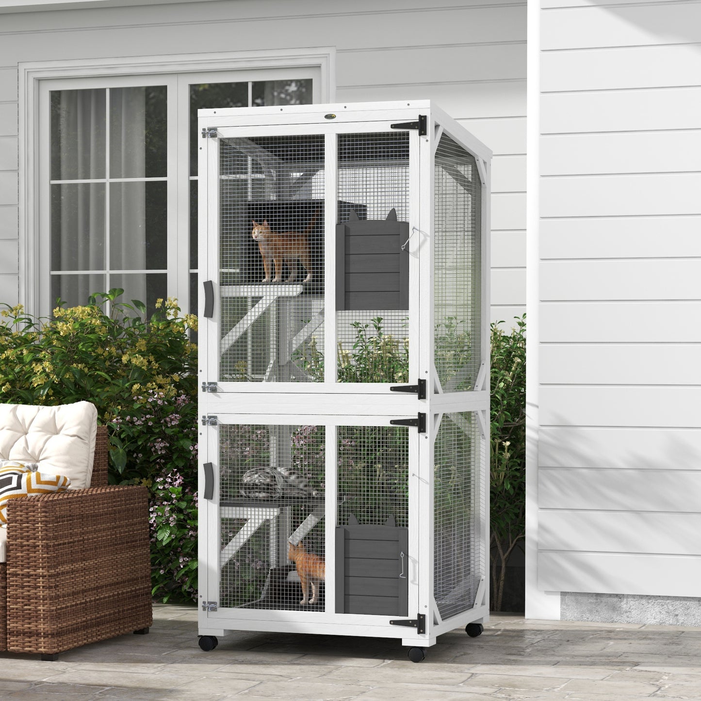 PawHut Wooden Catio with Waterproof Roof, Large Cat House with High-Up Resting Box, Indoor & Outdoor Cat Enclosure with Wheels, for 1-3 Cats, White