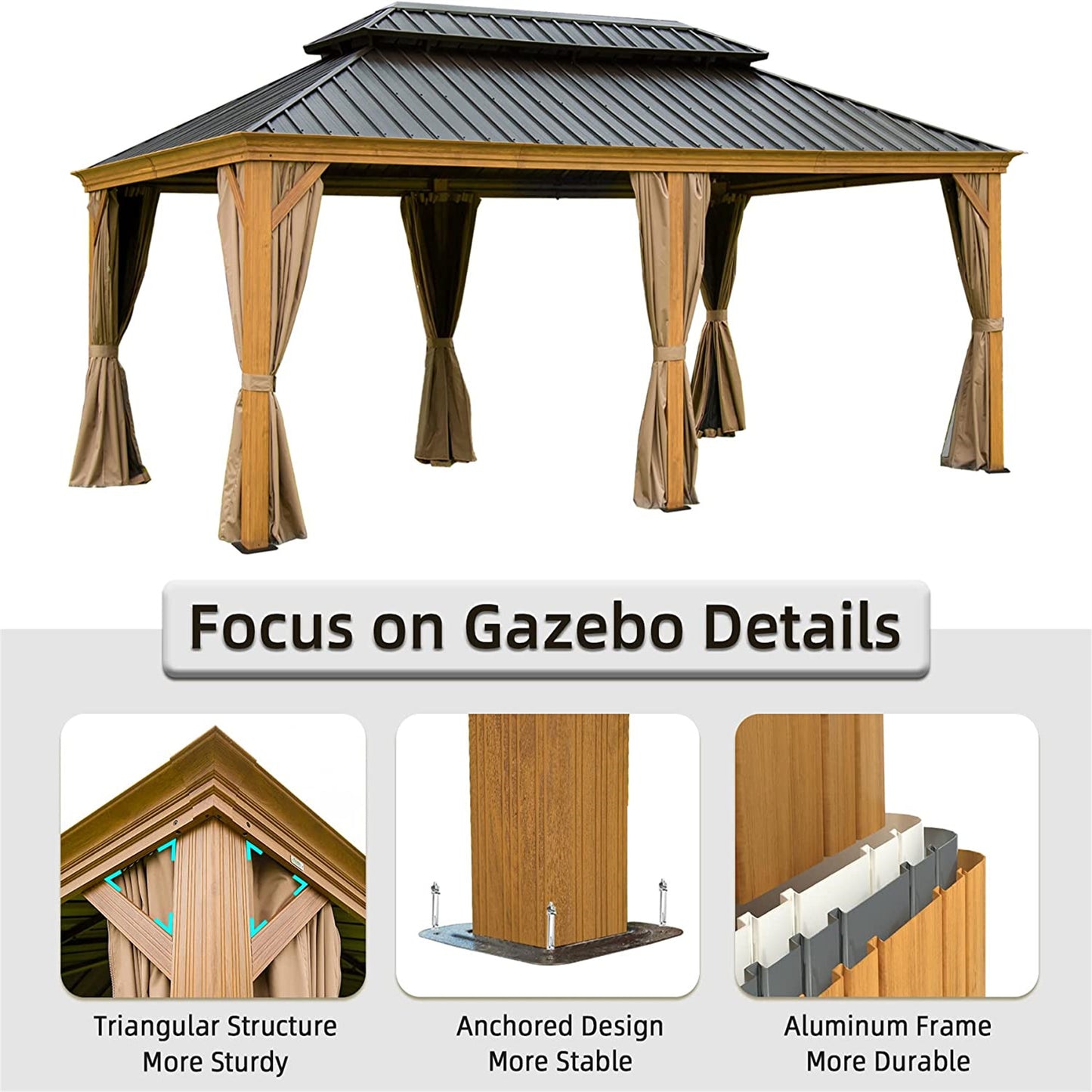 12'x20' Hardtop Gazebo Outdoor Aluminum Wood Grain Gazebos with Galvanized Steel Double Canopy for Patios Deck Backyard,Curtains&Netting (Wood-Looking)