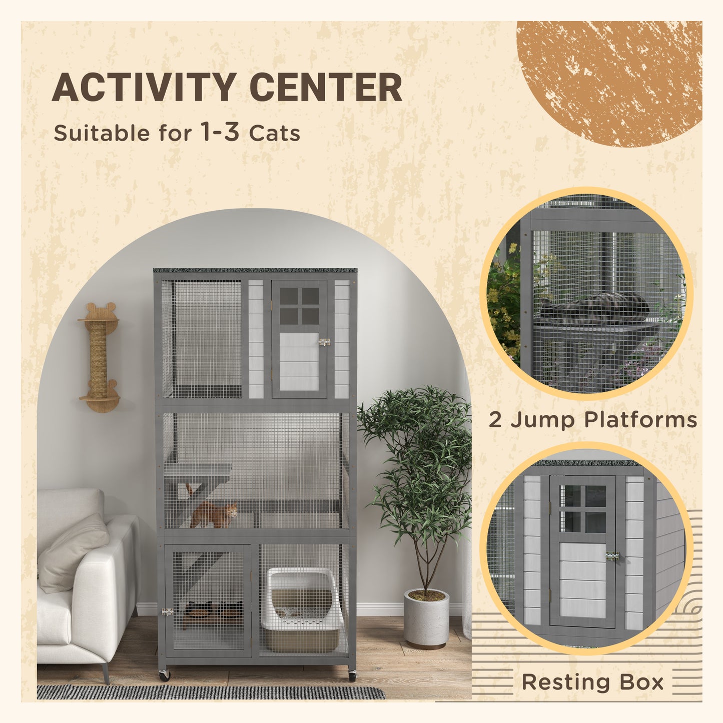 PawHut 74" Wooden Catio Outdoor Cat House Weatherproof & Wheeled, Outside Cat Enclosure with High Weight Capacity, Kitten Cage Condo, Light Gray