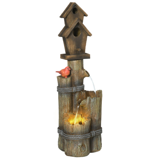 Outsunny Outdoor Fountain with Birdhouse, Cascading Garden Waterfall Bird Bath with 3-Tier Rustic Tree Trunk / Log Design, LED Lights for Porch, Deck, Yard Decor, Brown