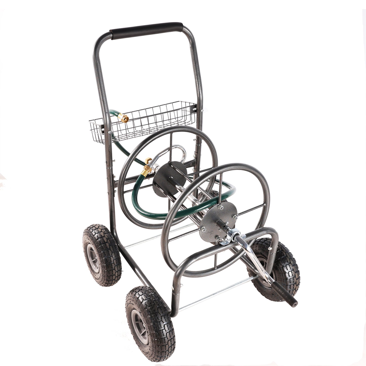 Garden Hose Reel Cart - 4 Wheels Portable Garden Hose Reel Cart with Storage Basket Rust Resistant Heavy Duty Water Hose Holder