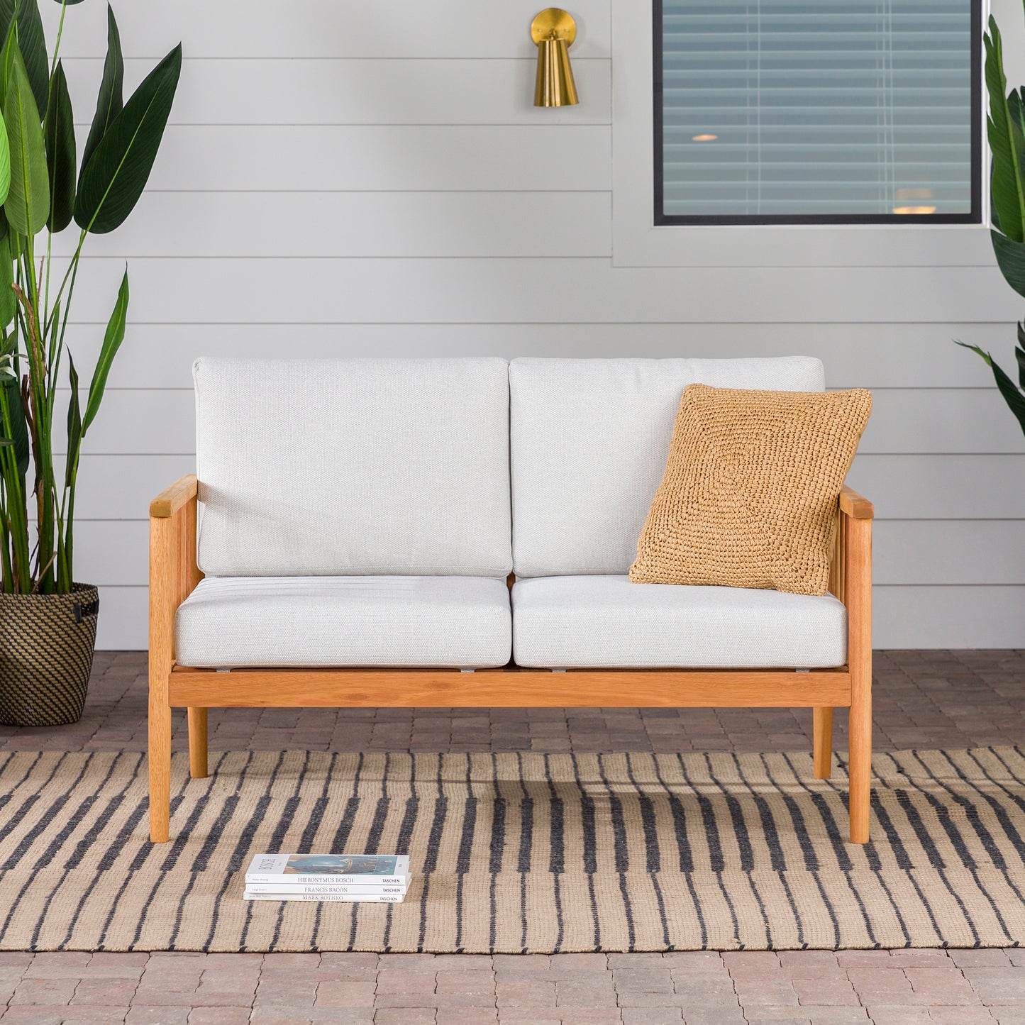 Contemporary Cushioned Eucalyptus Wood Patio Loveseat – Natural