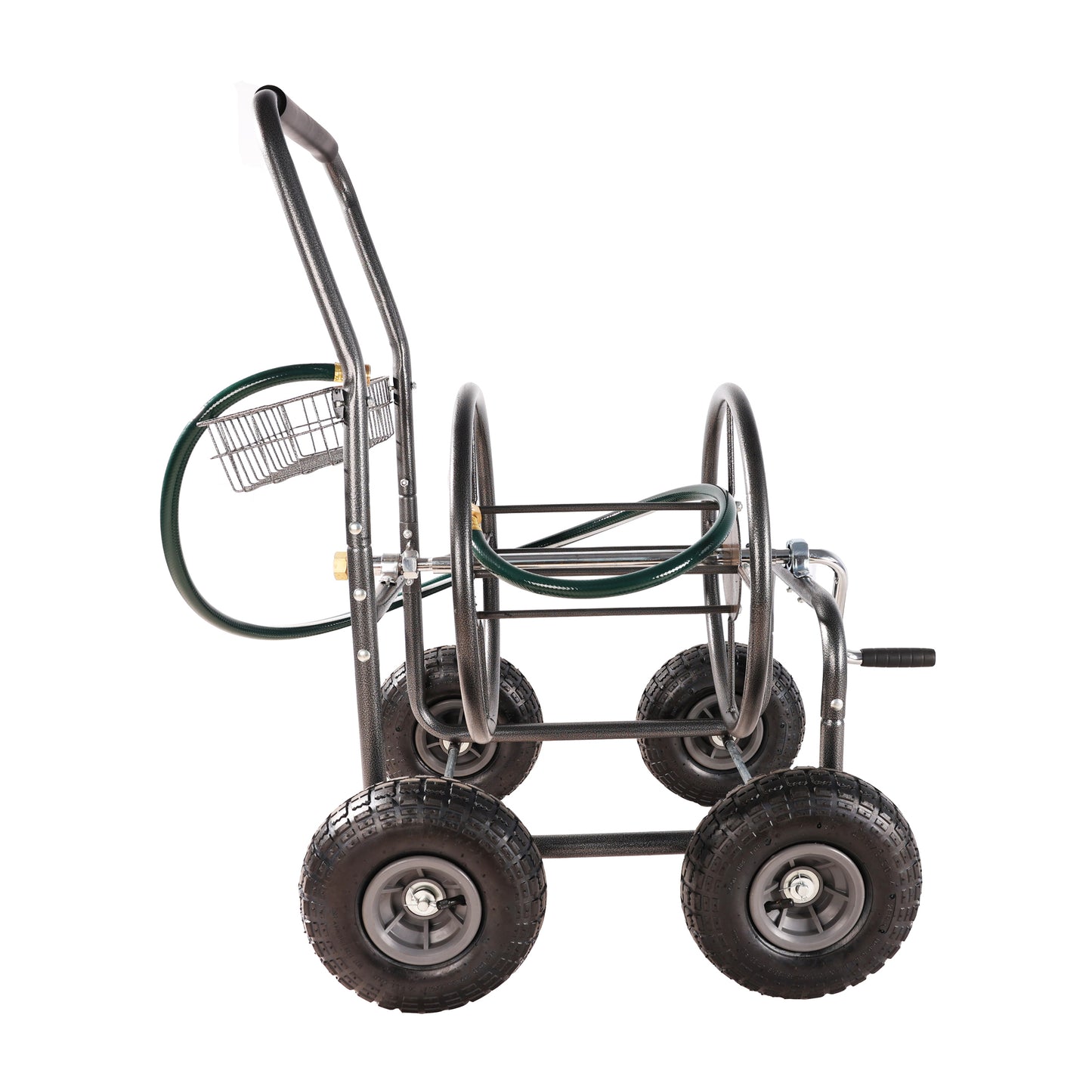 Garden Hose Reel Cart - 4 Wheels Portable Garden Hose Reel Cart with Storage Basket Rust Resistant Heavy Duty Water Hose Holder