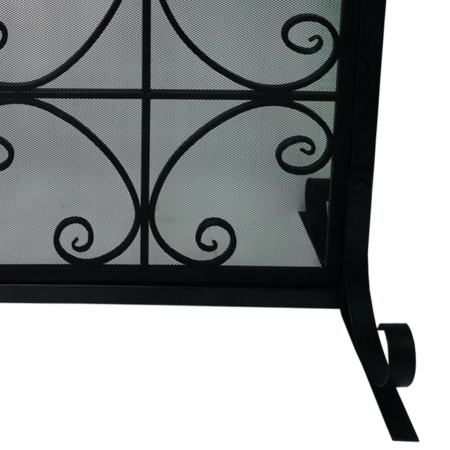 43 Inches 2 Door Iron Fireplace Screen, Mesh Design, Scrollwork, Black