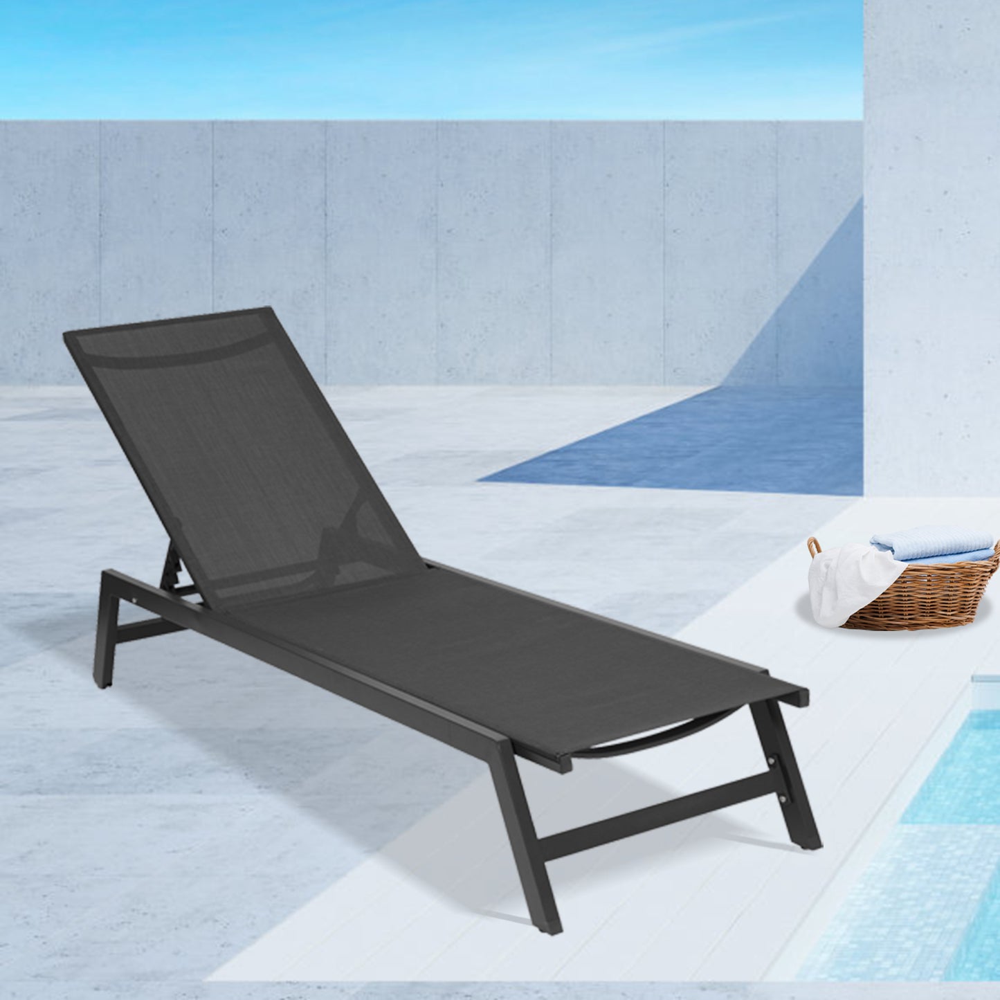 NEW Outdoor Chaise Lounge Chair,Five-Position Adjustable Aluminum Recliner,All Weather For Patio,Beach,Yard, Pool(Grey Frame/Black Fabric) Same as W41939292