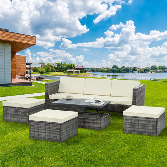 Patio Furniture, Outdoor Furniture, Seasonal PE Wicker Furniture,5 Set Wicker Furniture With Plywood Coffee Table,with lift TOP Coffee Table,with Lounger Sofa