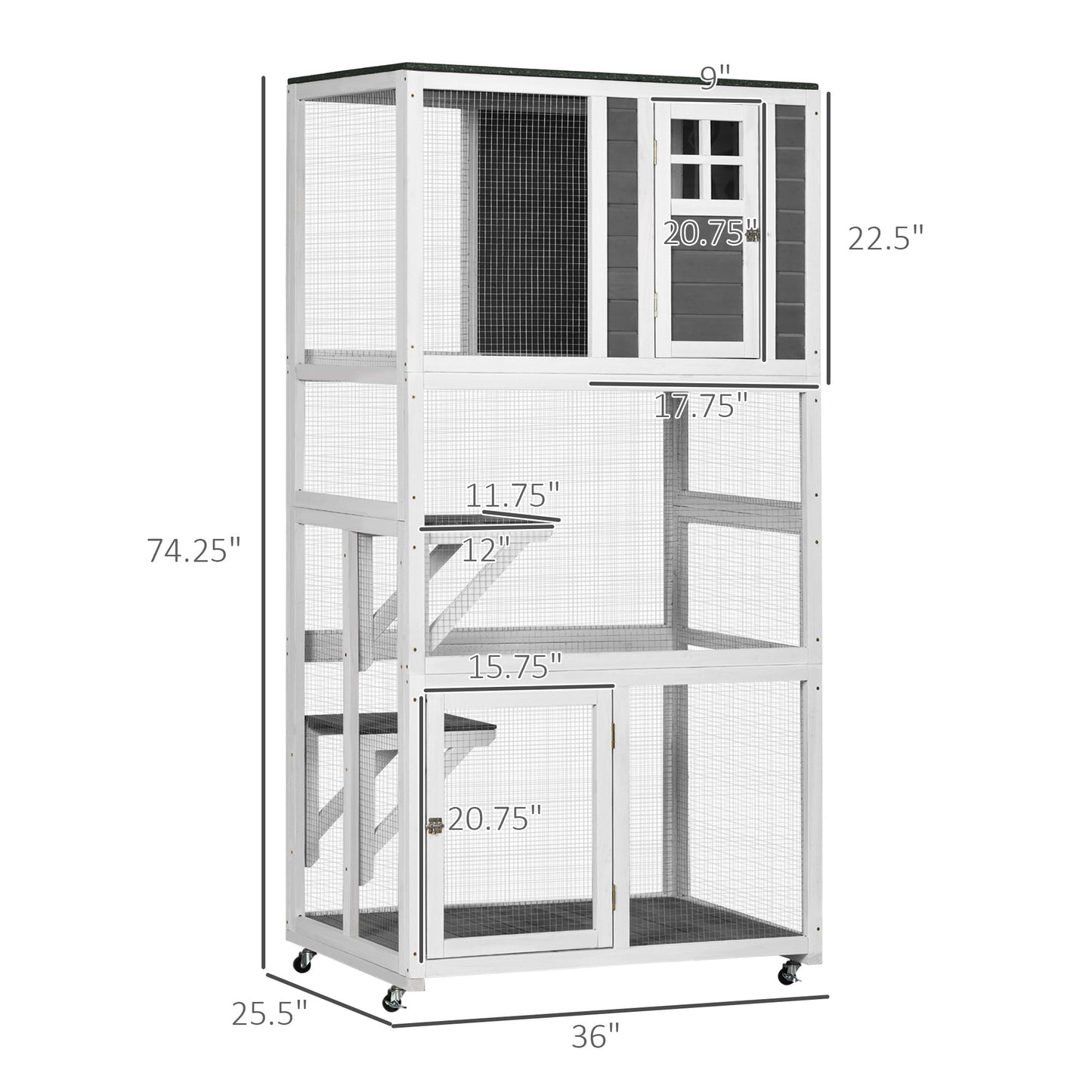 PawHut 74" Wooden Outdoor Cat House Weatherproof & Wheeled, Catio Outdoor Cat Enclosure with High Weight Capacity, Kitten Cage Condo, Gray