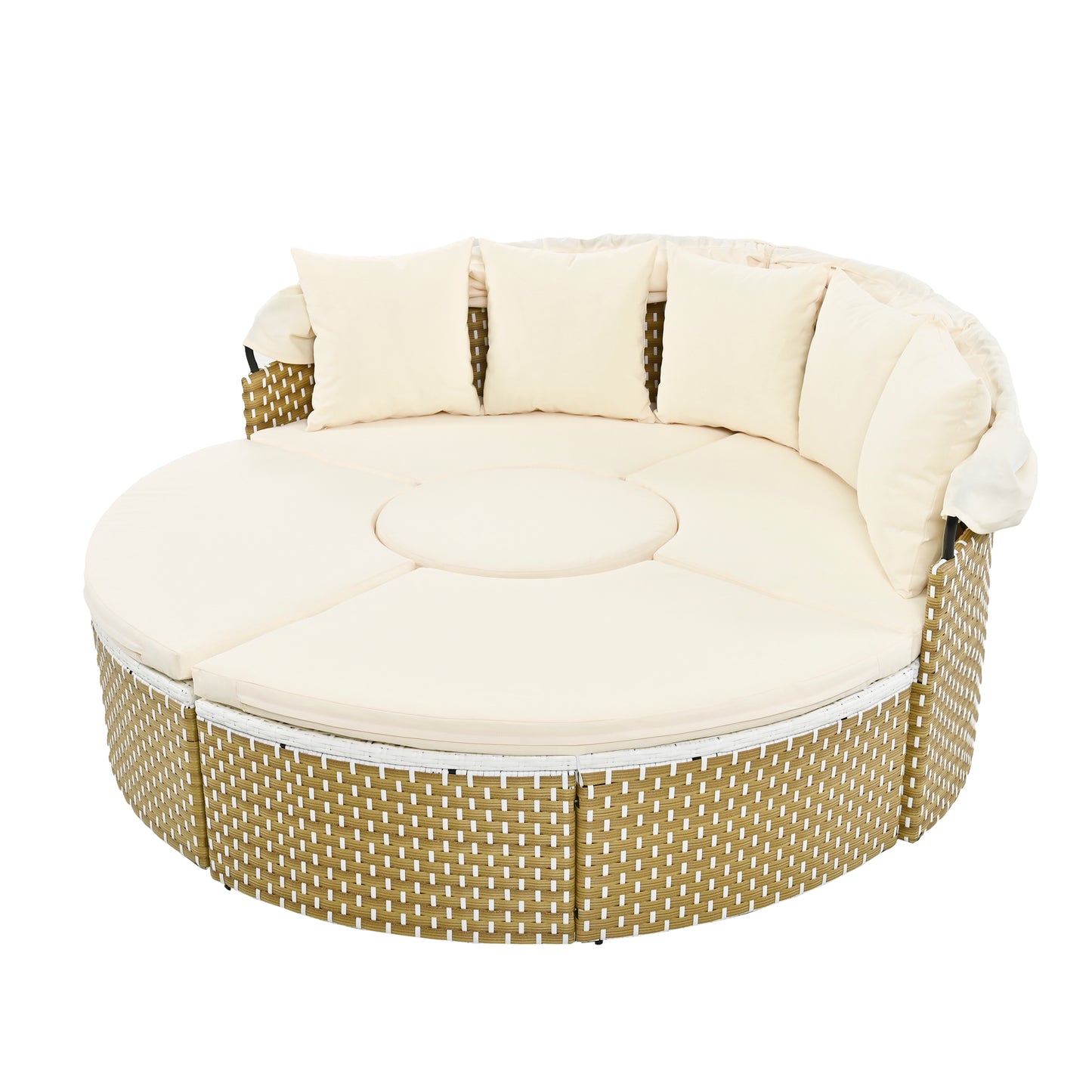 TOPMAX Patio Furniture Round Outdoor Sectional Sofa Set Rattan Daybed Two-Tone Weave Sunbed with Retractable Canopy, Separate Seating and Removable Cushion, Beige