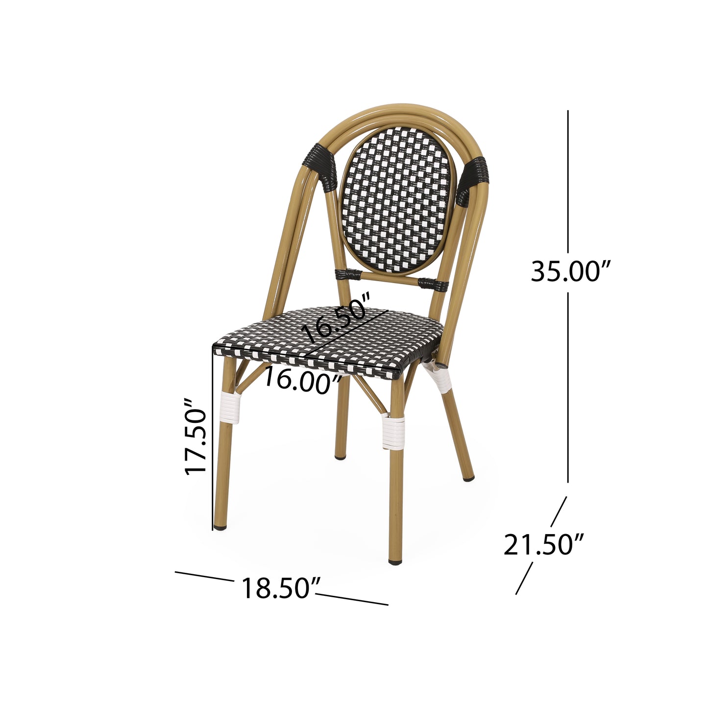 Outdoor PE Ratten and Aluminum French Bistro Chair, Set of 2, Black & White, Bamboo Print Finish