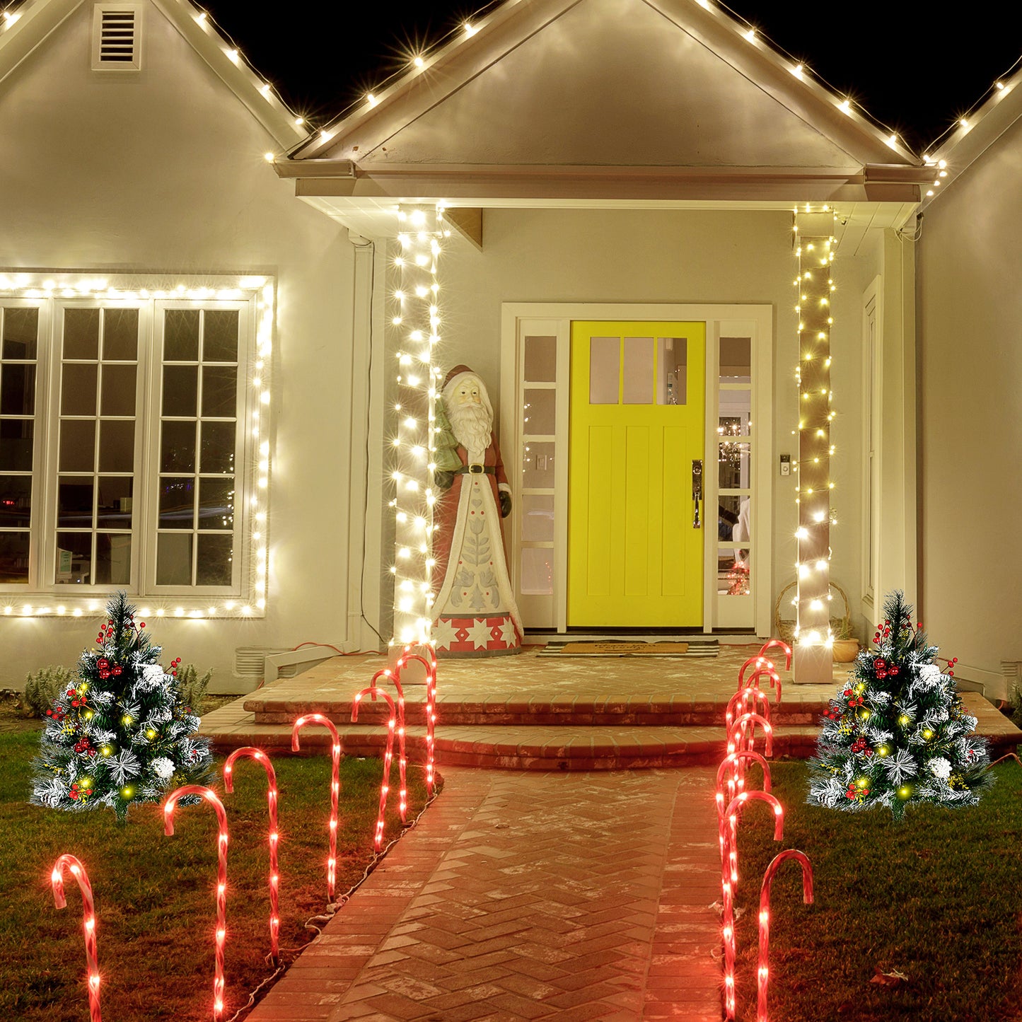 HOMCOM 2.5 Ft/30" 2 Pack Outdoor Entryway Pre-Lit Artificial Christmas Tree Cordless with 70 Branches, Warm White LED lights, Red Berries, Pine Cones, Balls, Green