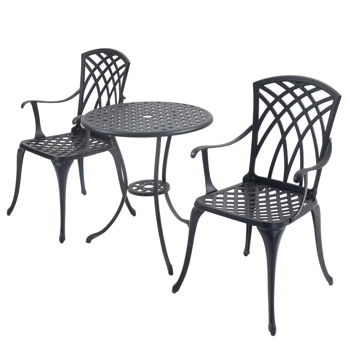 3 Piece Bistro Table Set Cast Aluminum Outdoor Patio Furniture with Umbrella Hole  Patio Balcony, Black