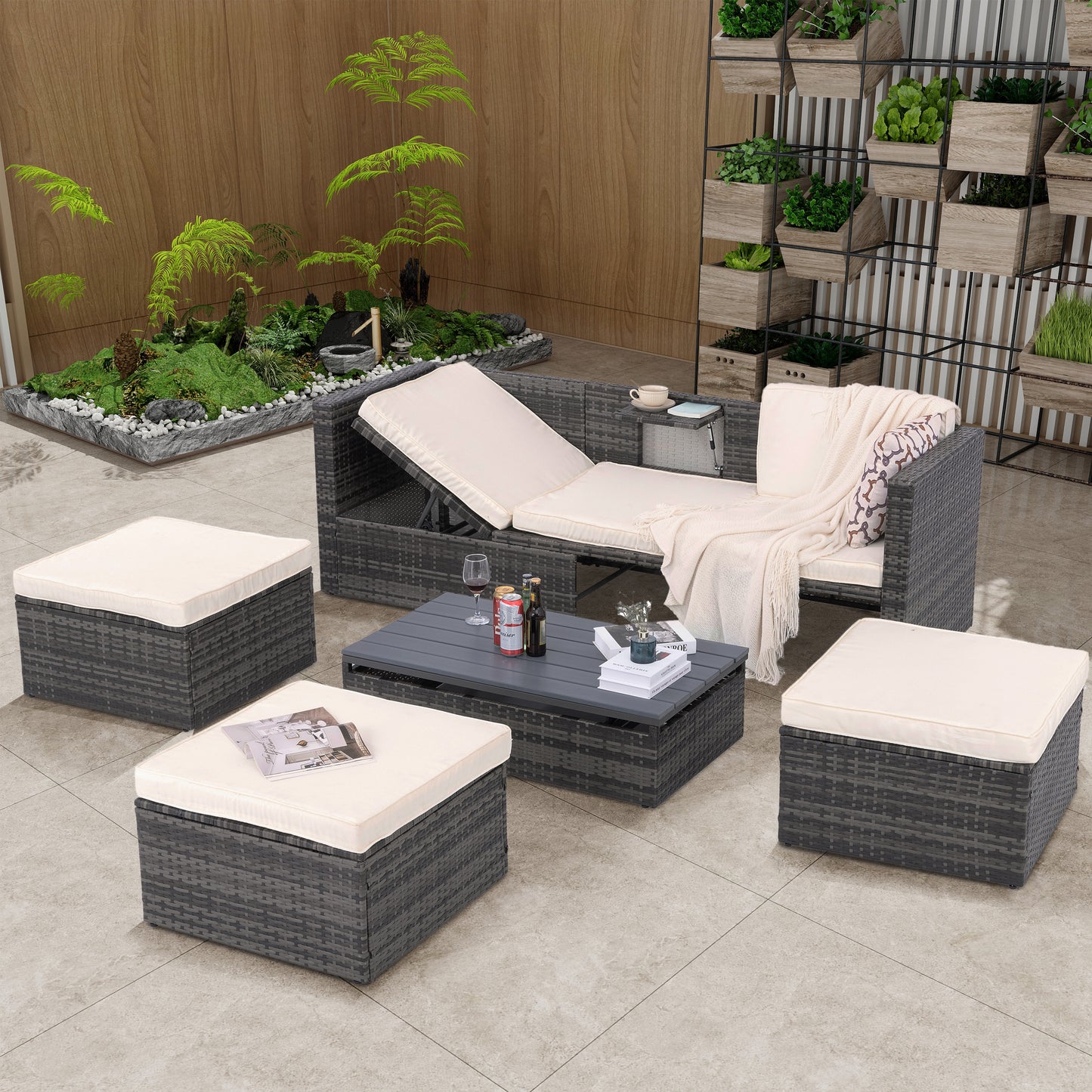 Patio Furniture, Outdoor Furniture, Seasonal PE Wicker Furniture,5 Set Wicker Furniture With Plywood Coffee Table,with lift TOP Coffee Table,with Lounger Sofa