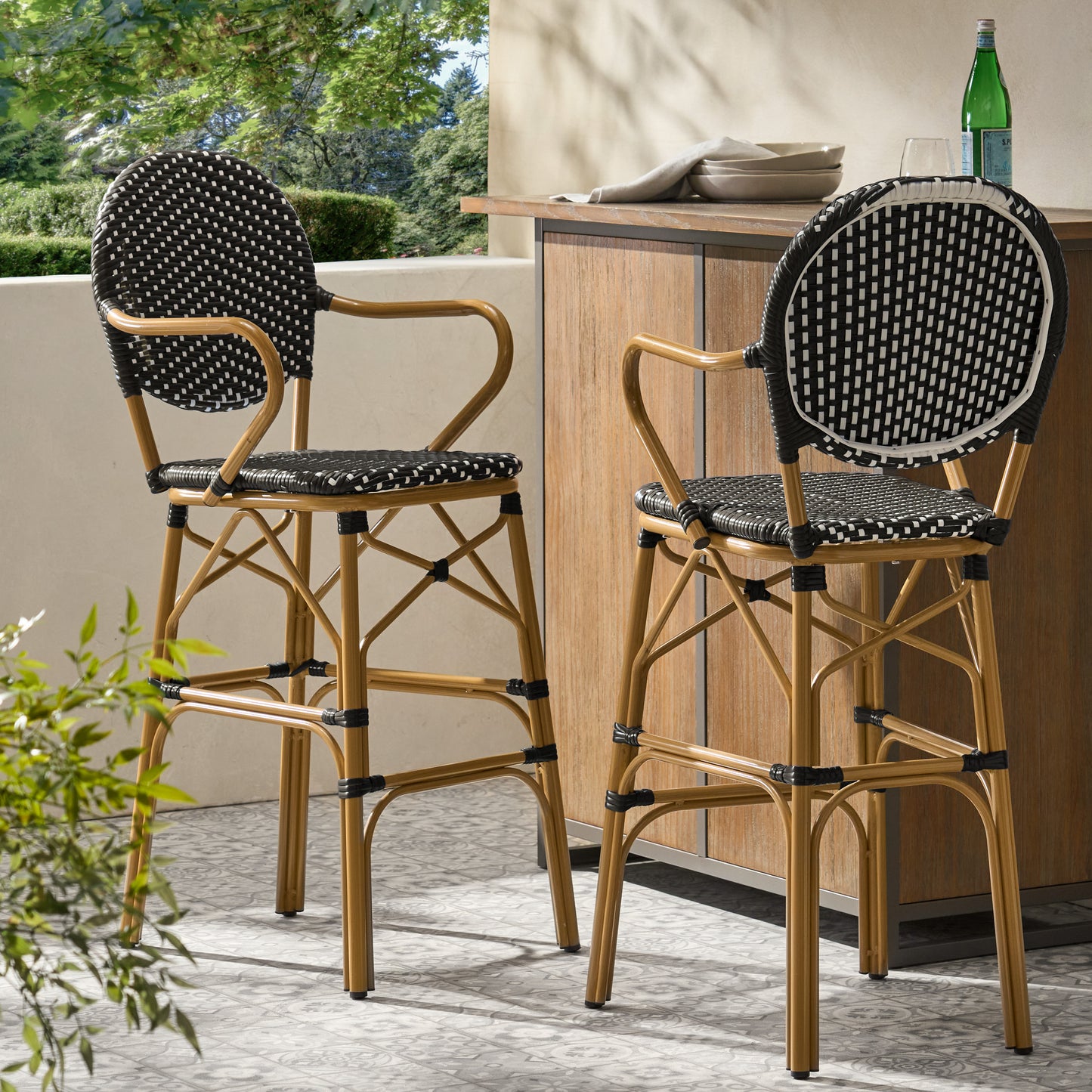 Outdoor Wicker and Aluminum 29.5" French Barstools, Set of 2, Black, Bamboo Print Finish