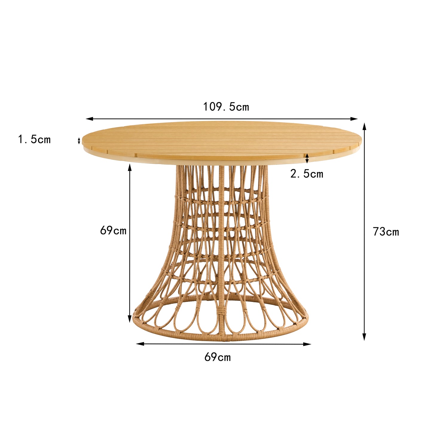 Outdoor dining set of 5,  simple bamboo dinning table , PE ratten round table 110CM plastic wood top, Bamboo looking ratten base, 4 dinning chairs with cushion, stackable