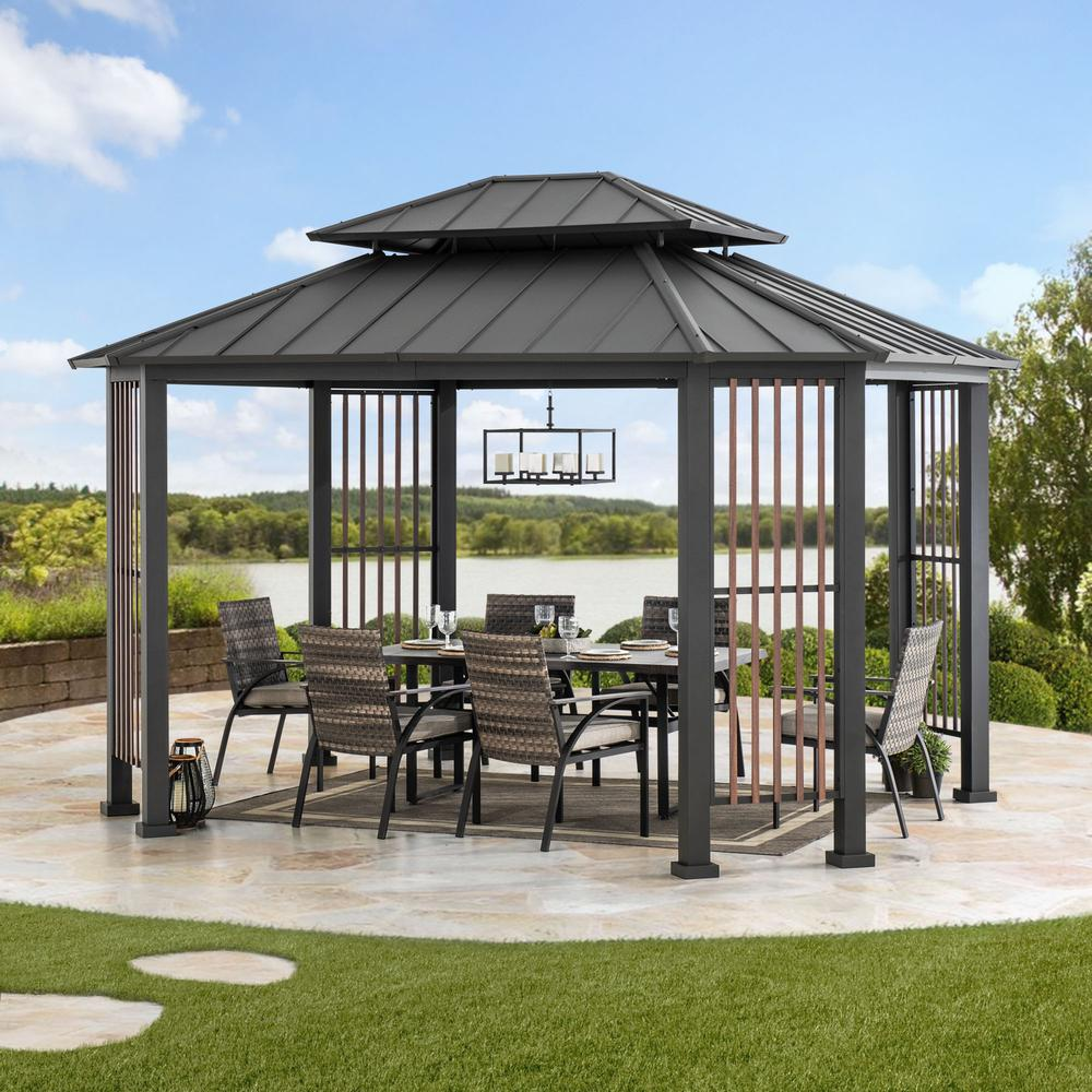 Sunjoy 11 x 13 ft Hardtop Gazebo Outdoor 2-Tier Steel Hardtop Metal Gazebo