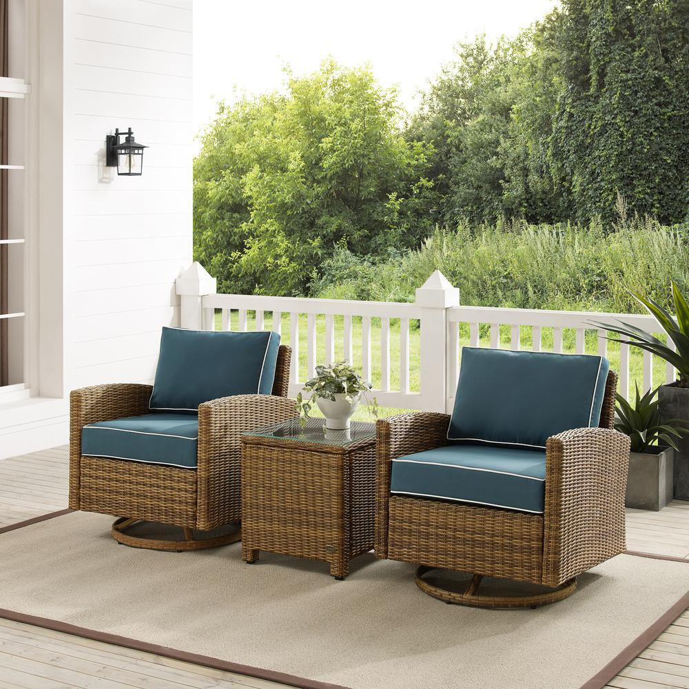 Bradenton 3Pc Outdoor Wicker Swivel Rocker Chair Set Navy/Weathered Brown - Side Table & 2 Swivel Rockers