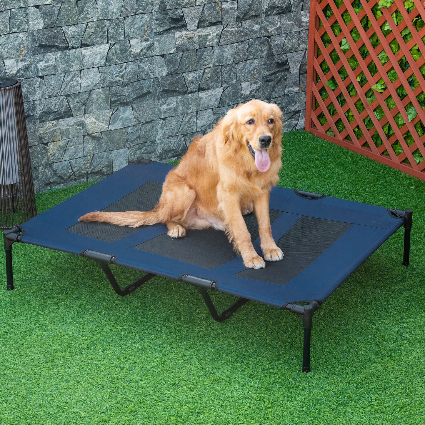 PawHut 48" x 36" Breathable Elevated Dog Bed Portable Pet Cot, Raised Pet Bed w/ Carry Bag Metal Frame Breathable Mesh Indoor and Outdoor Dark Blue