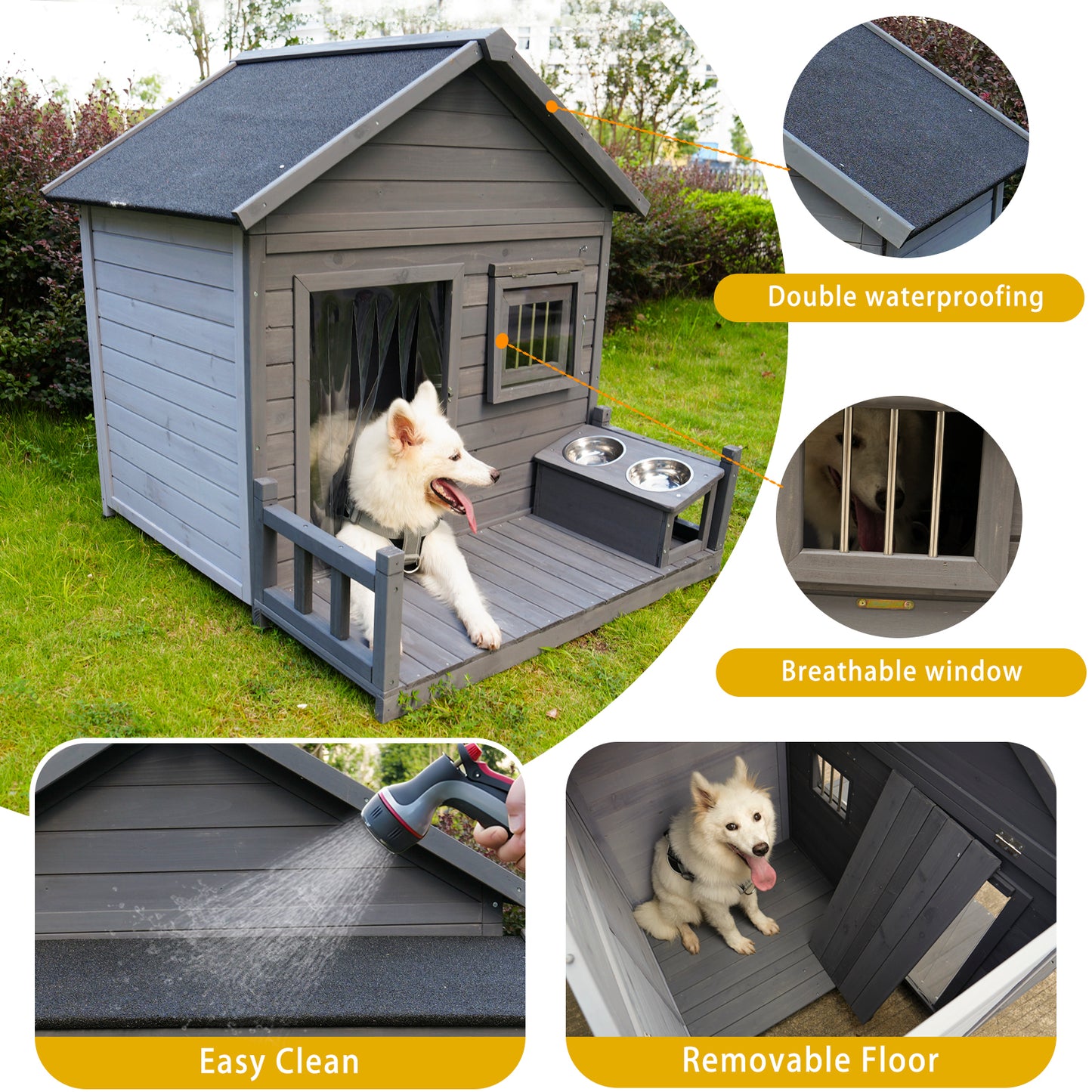 Large dog house, 44.2" long x 44.6" wide x 44.6" high solid wood asphalt roof dog house for large dogs with large terrace, weatherproof large dog house,Complimentary dog bowl