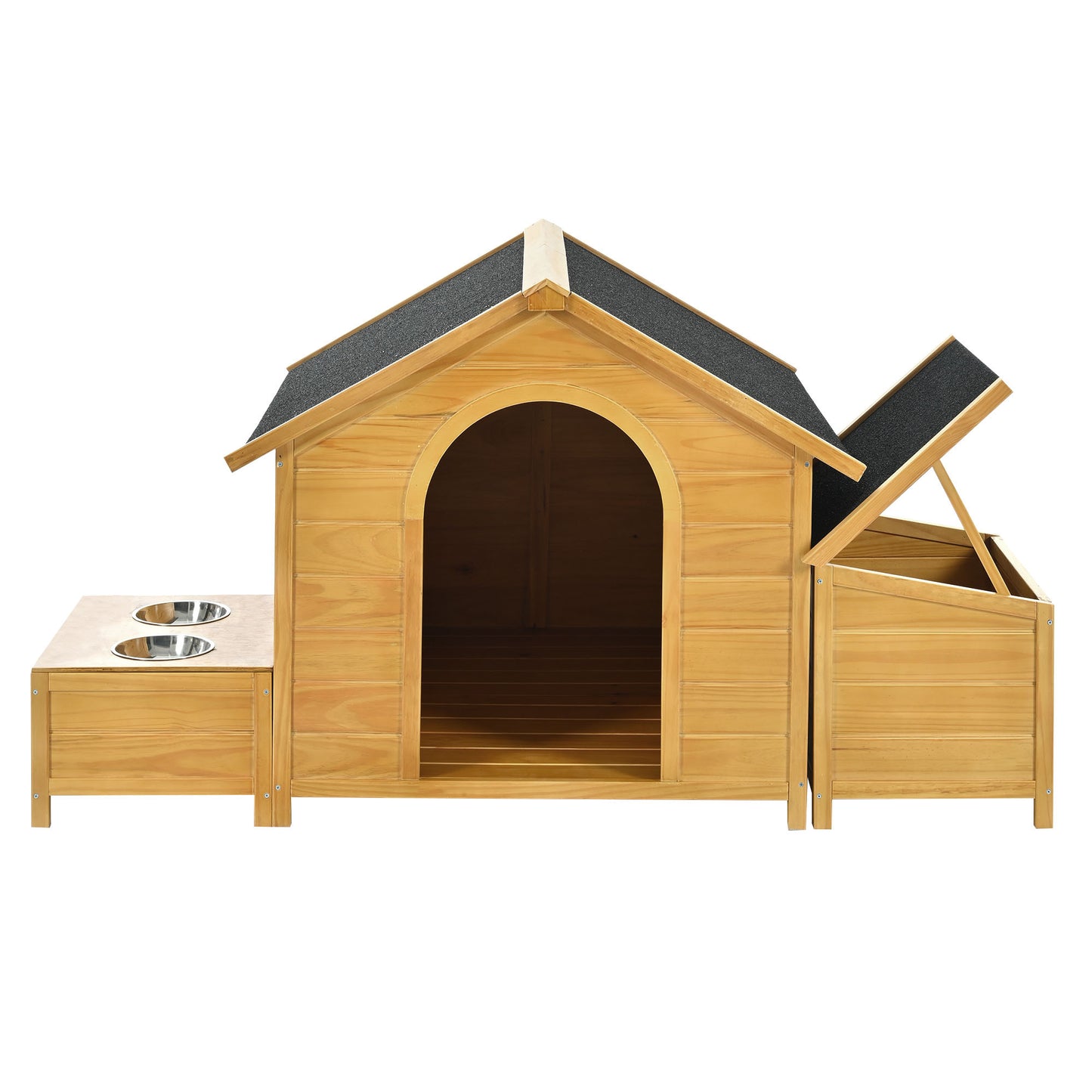 GO 51.18" L x 43.7" W x 37" H Large Size Wooden Dog House, Dog Crate For large dog breeds, Cabin Style Raised Dog Shelter with Asphalt Roof, Solid Wood, Weatherproof, Nature