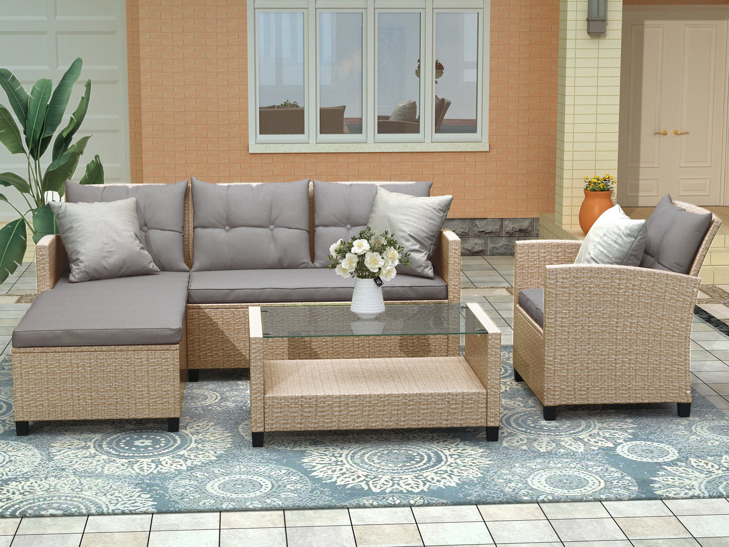 Outdoor, Patio Furniture Sets, 4 Piece Conversation Set Wicker Ratten