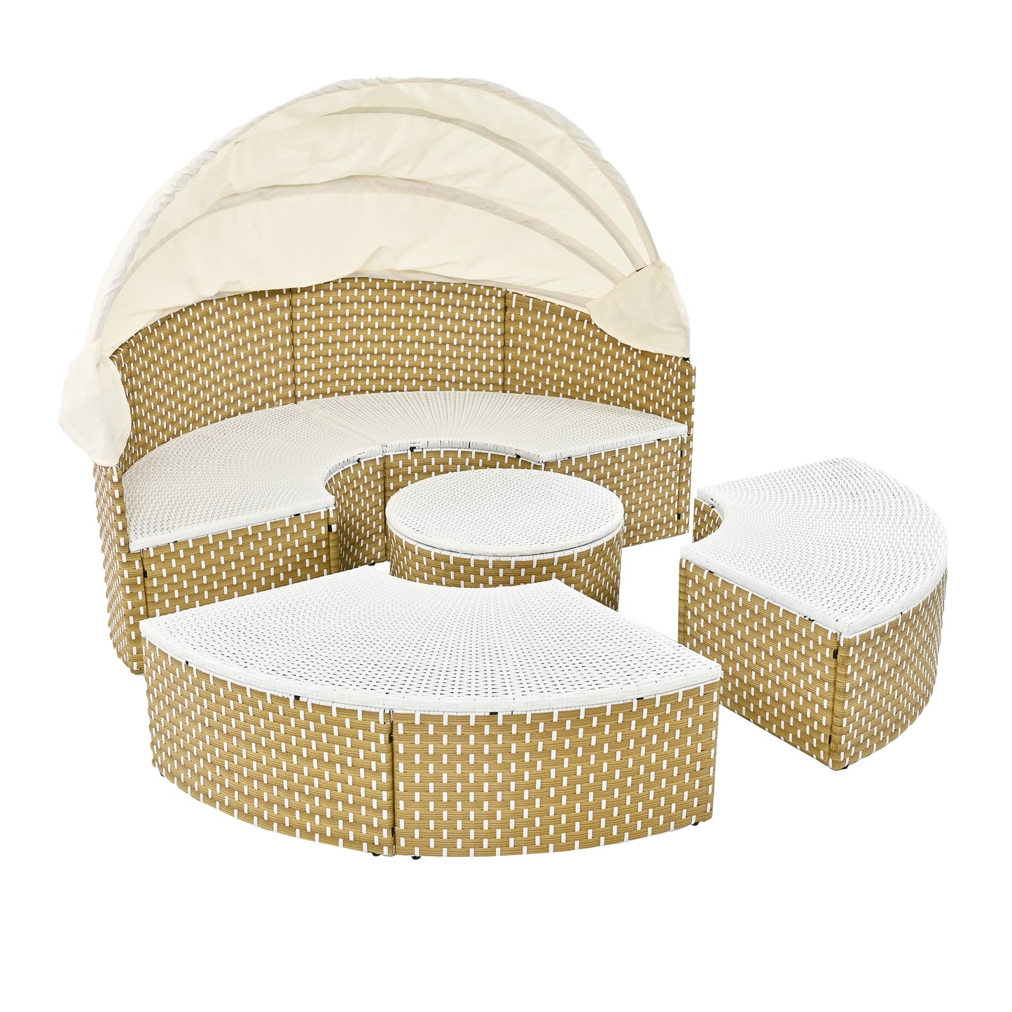 TOPMAX Patio Furniture Round Outdoor Sectional Sofa Set Rattan Daybed Two-Tone Weave Sunbed with Retractable Canopy, Separate Seating and Removable Cushion, Beige