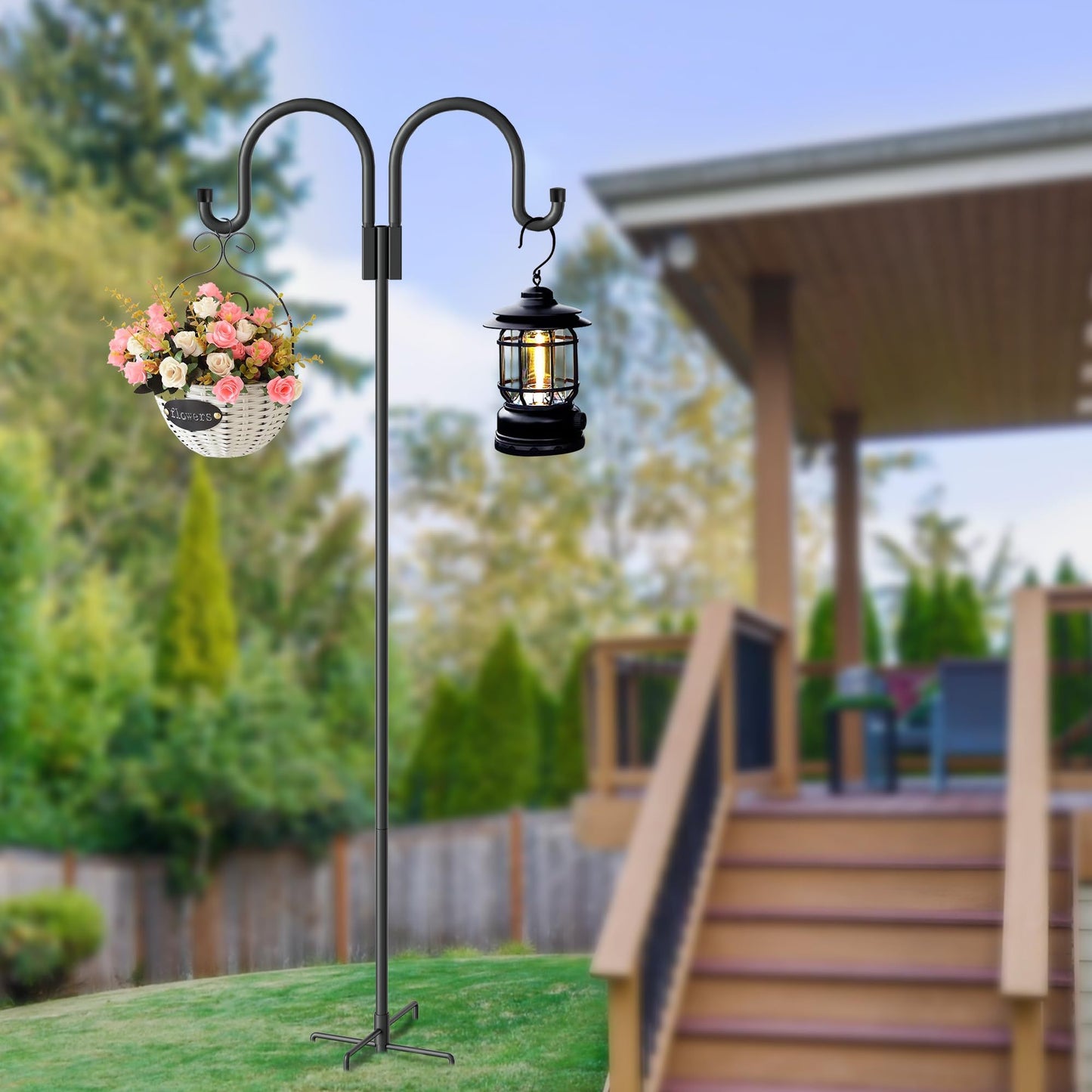 Double Shepherd Hooks for Outdoor, 79 Inch Heavy Duty Bird Feeder Pole for Hanging Bird Feeder, Garden Hooks Plant Baskets, Garden Plant Hanger Stands with 5 Prong Base