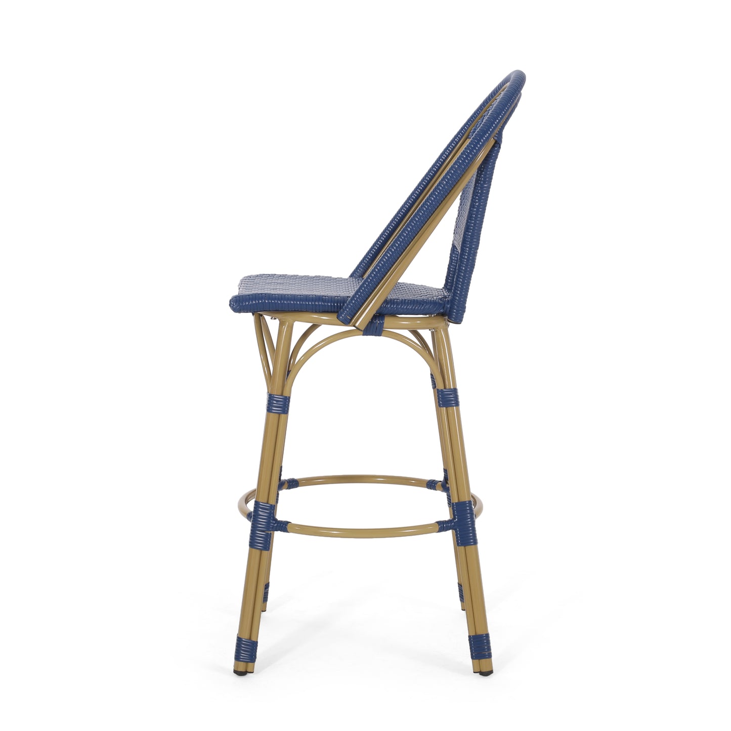 29.5" Outdoor PE Rattan and Aluminum French Barstools, Set of 2, Navy Blue and Bamboo Finish