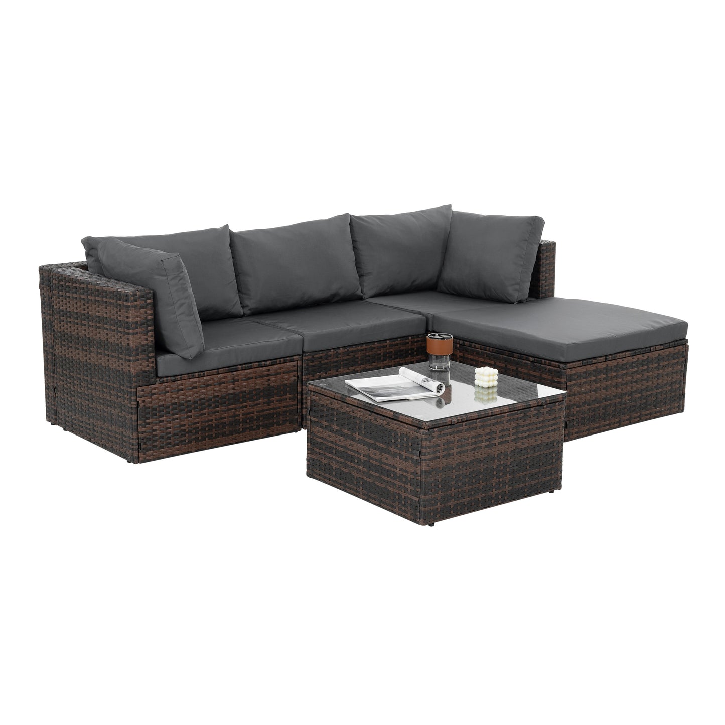 Patio Furniture, Outdoor Furniture, Seasonal PE Wicker Furniture, 5 Set Wicker Furniture With Tempered Glass Coffee Table