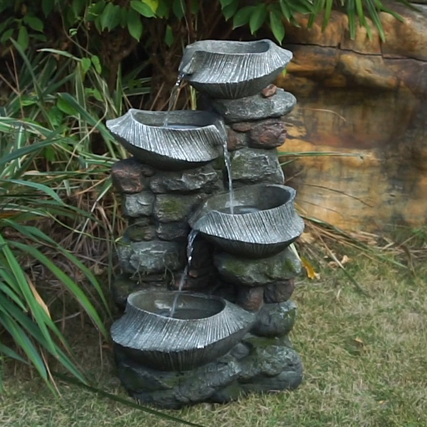 19x15x31.5" Indoor Outdoor Stone Water Fountain,  4-Tier Polyresin Cascading Rock Bowl Freestanding Fountain with LED Ligh