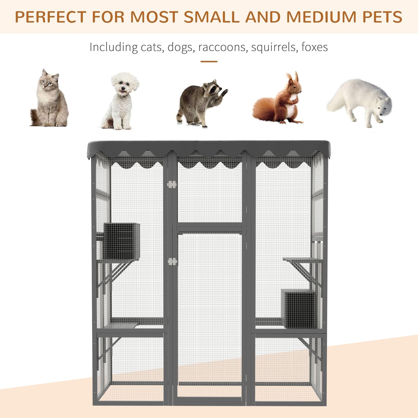 Outdoor Cat House Big Catio Wooden Feral Cat Shelter Enclosure with Large Spacious Interior, 6 High Ledges, Weather Protection Asphalt Roof