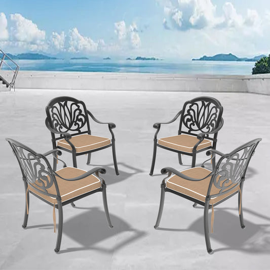 Cast Aluminum Patio Dining Chair 4PCS With Black Frame and Cushions In Random Colors