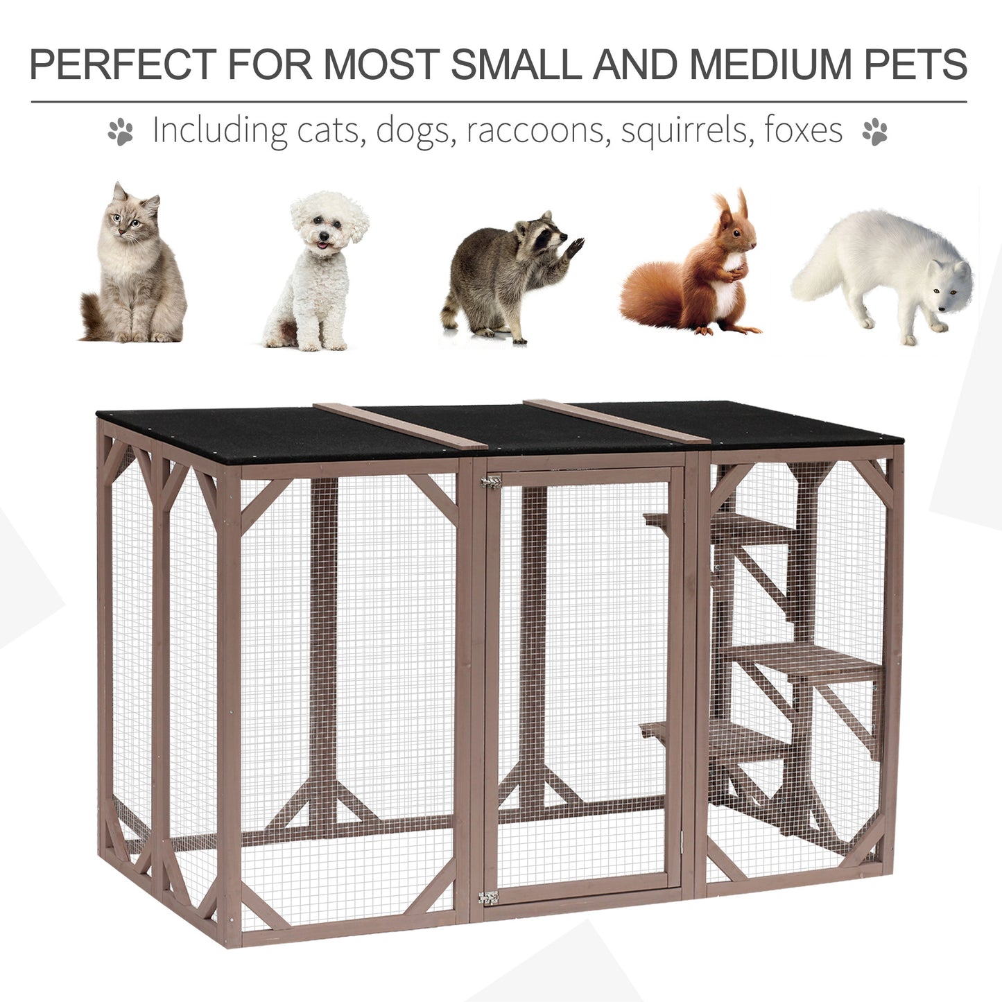 PawHut Outdoor Cat House, Catio Wooden Feral Cat Shelter, Cat Cage with Platforms, Large Enter Door, Weather Protection Asphalt Roof, 71" L, Brown