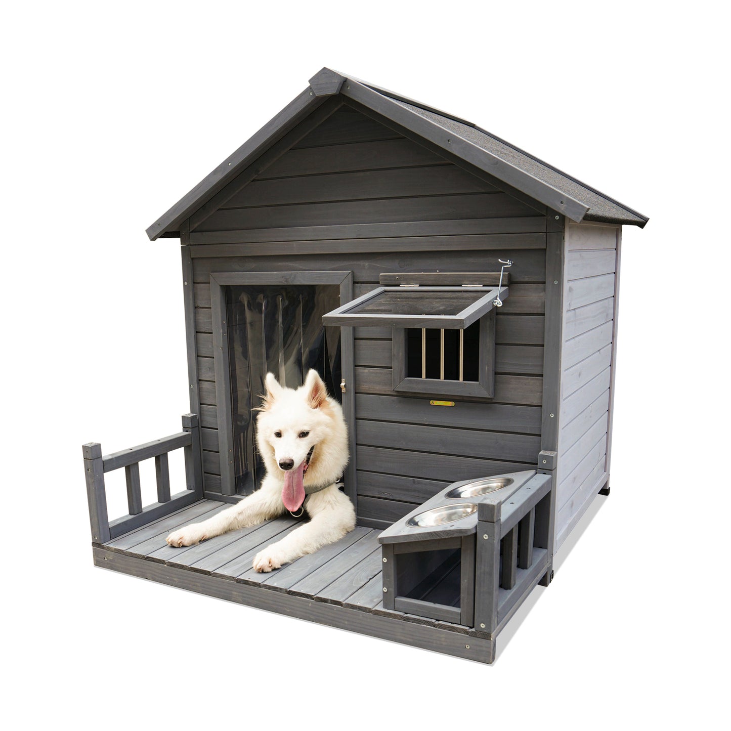 Large dog house, 44.2" long x 44.6" wide x 44.6" high solid wood asphalt roof dog house for large dogs with large terrace, weatherproof large dog house,Complimentary dog bowl