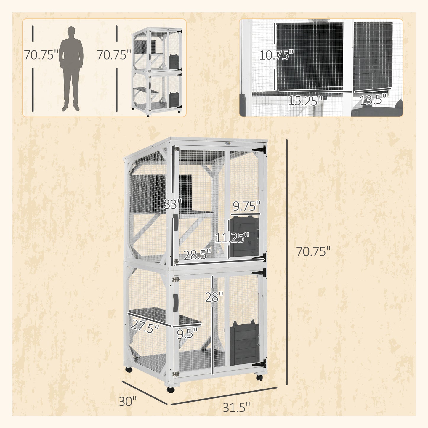 PawHut Wooden Catio with Waterproof Roof, Large Cat House with High-Up Resting Box, Indoor & Outdoor Cat Enclosure with Wheels, for 1-3 Cats, White