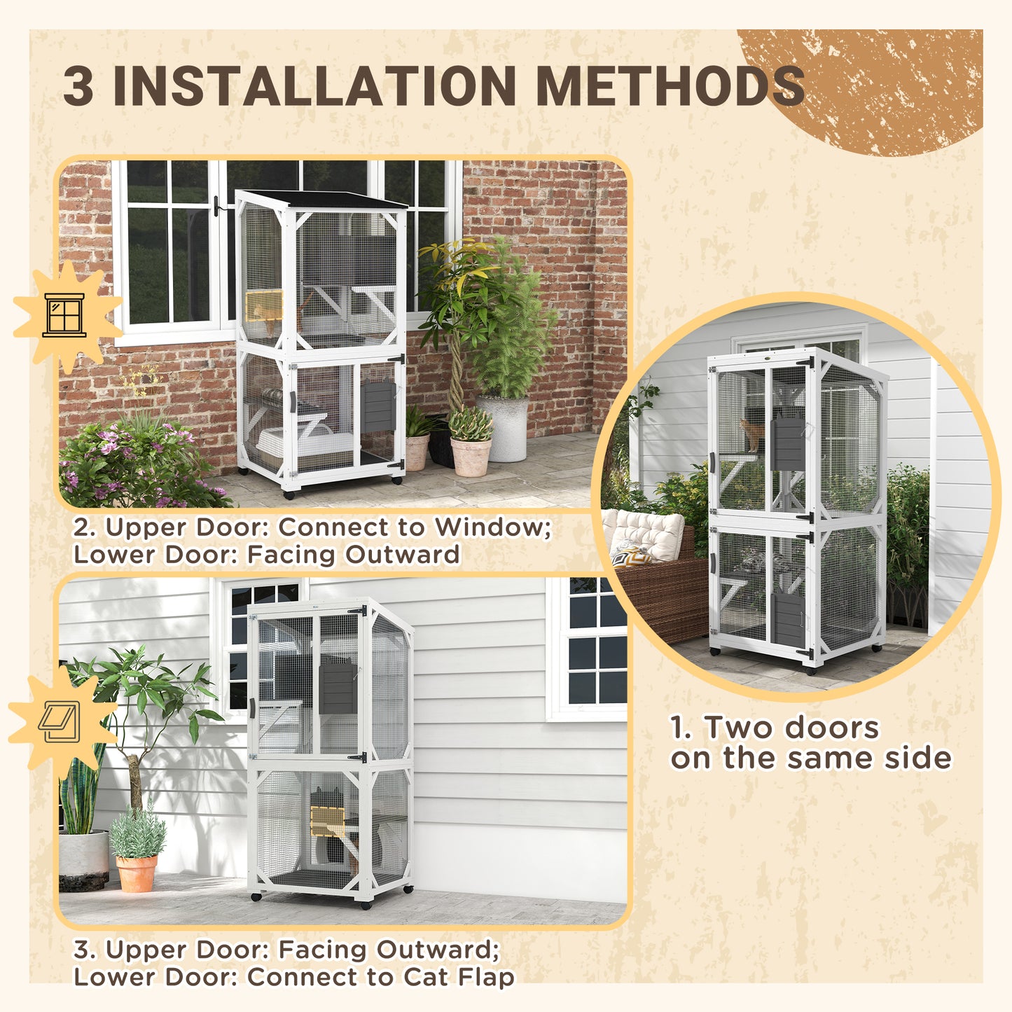 PawHut Wooden Catio with Waterproof Roof, Large Cat House with High-Up Resting Box, Indoor & Outdoor Cat Enclosure with Wheels, for 1-3 Cats, White