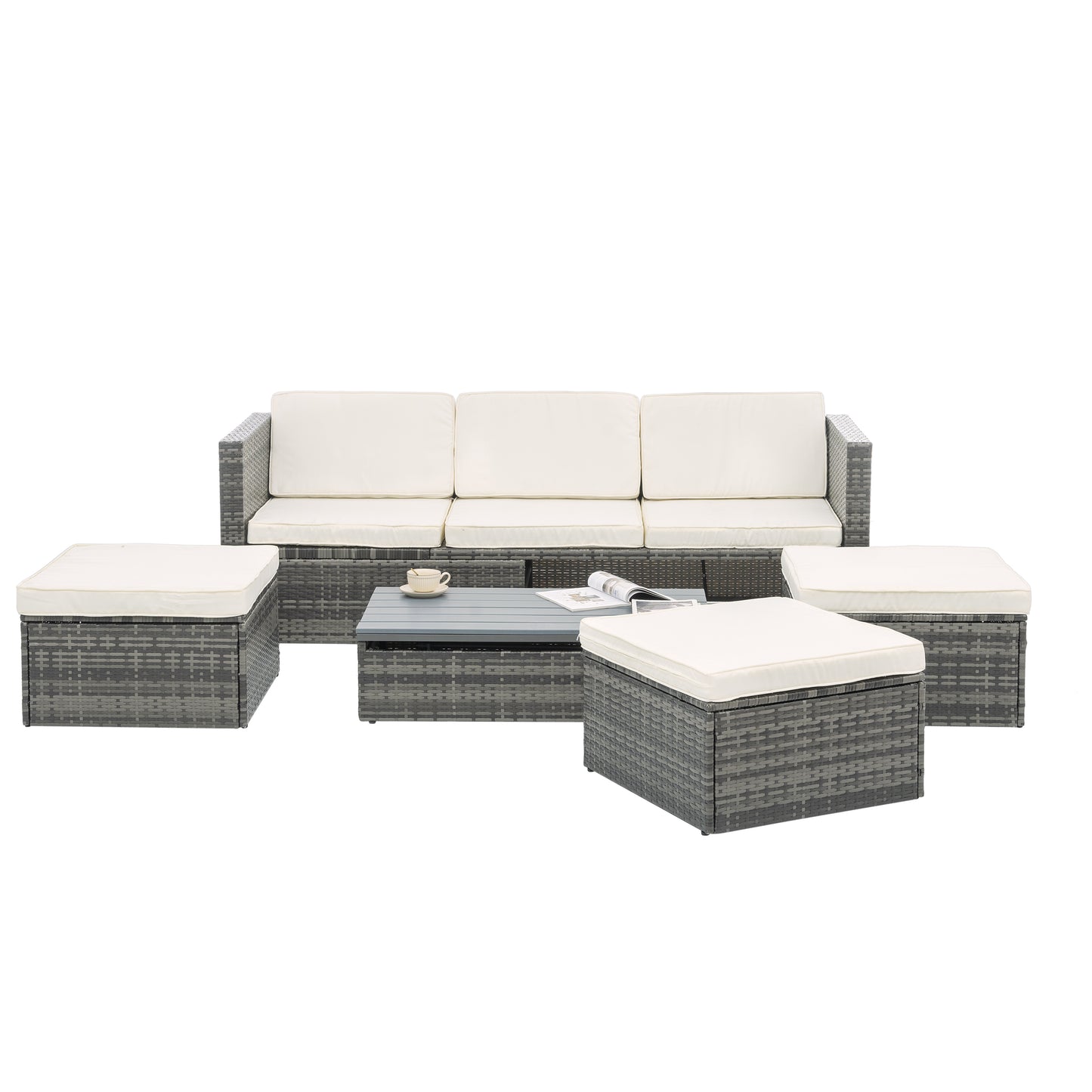 Patio Furniture, Outdoor Furniture, Seasonal PE Wicker Furniture,5 Set Wicker Furniture With Plywood Coffee Table,with lift TOP Coffee Table,with Lounger Sofa