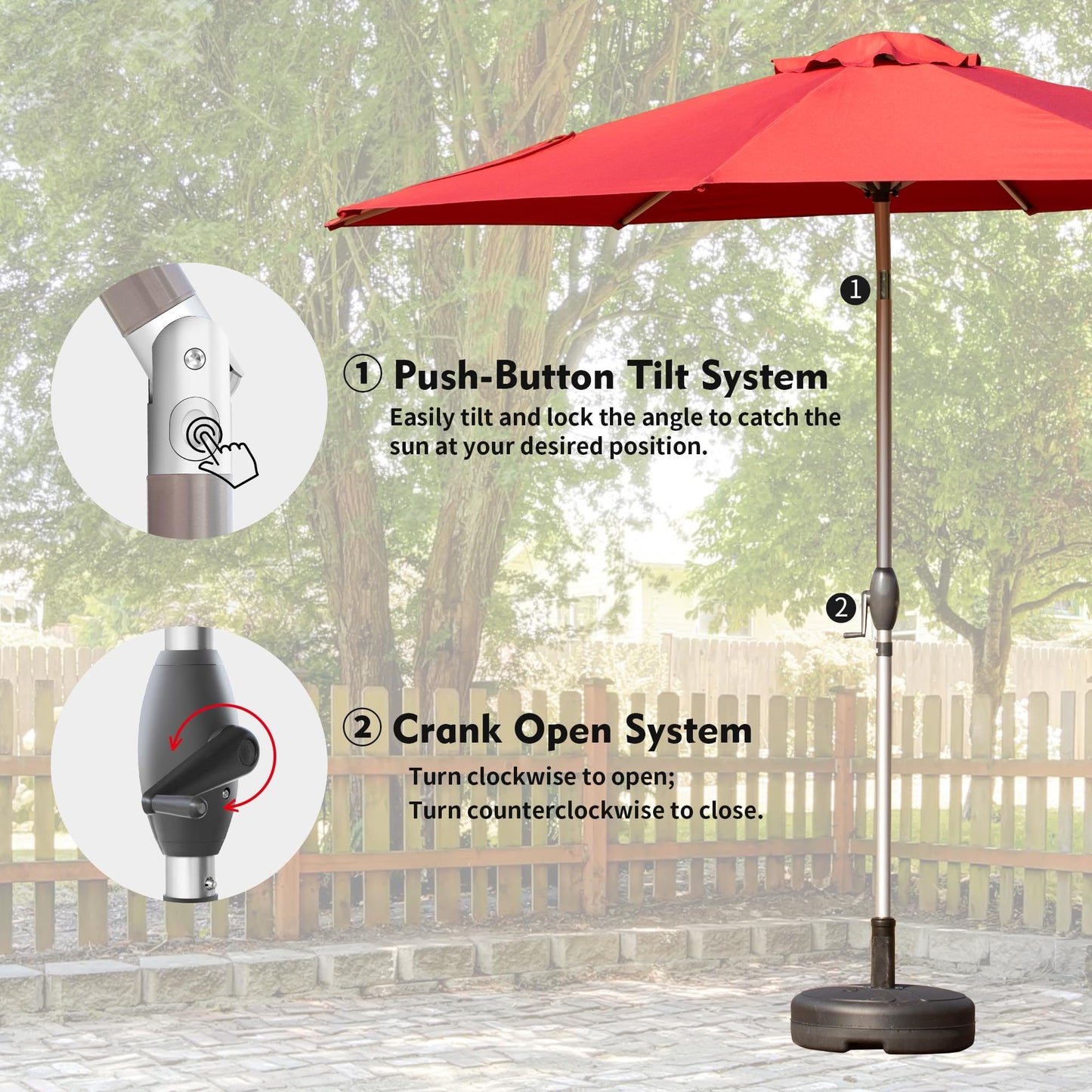 10FT Patio Umbrella, Outdoor Table Umbrella with Push Button Tilt and Crank, UV Protection Waterproof Market Sun Umbrella with 8 Sturdy Ribs for Garden, Deck, Backyard, Pool (Brick red)