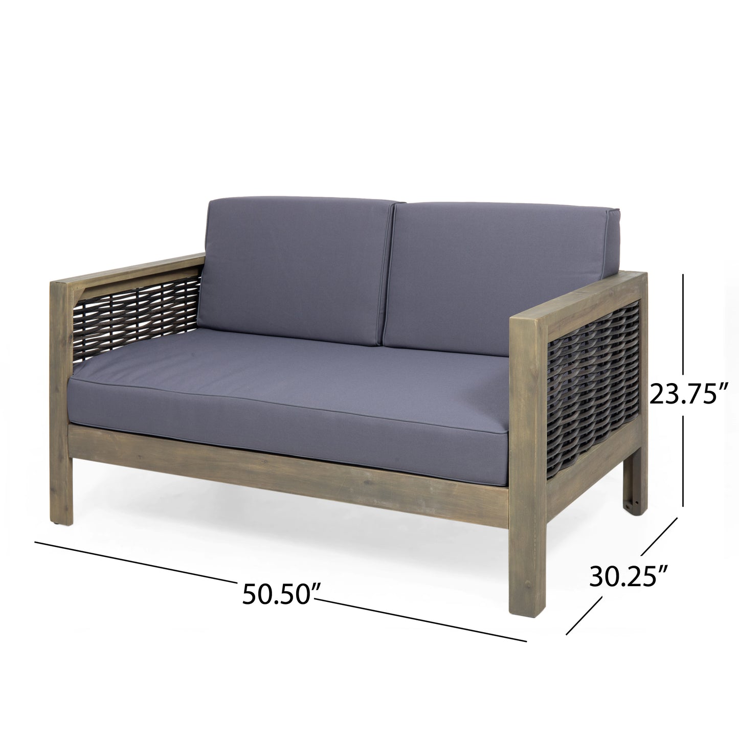 Outdoor 4 Seater Acacia Wood Chat Set with Wicker Accents and Cushions, Gray + Mixed Gray + Dark Gray