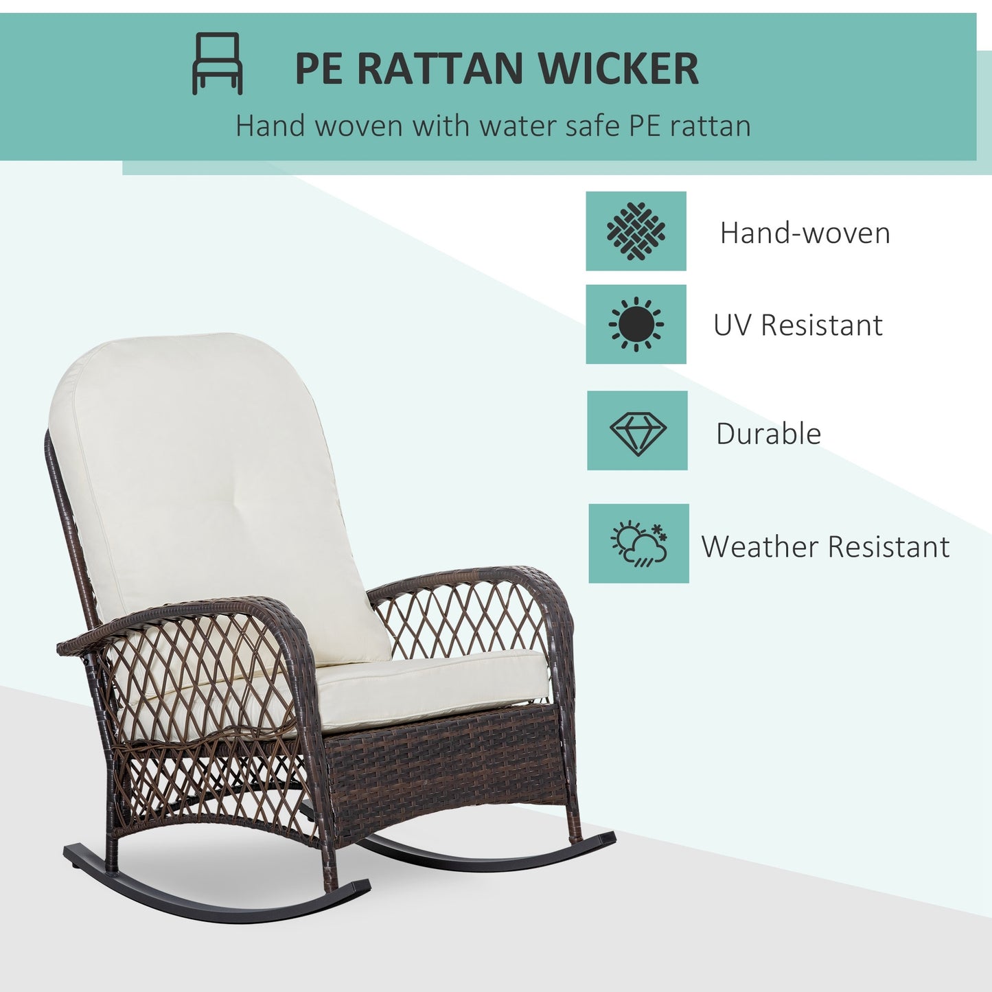 Outsunny Outdoor Wicker Rocking Chair with Wide Seat, Thick, Soft Cushion, Rattan Rocker w/Steel Frame, High Weight Capacity for Patio, Garden, Backyard, Cream White