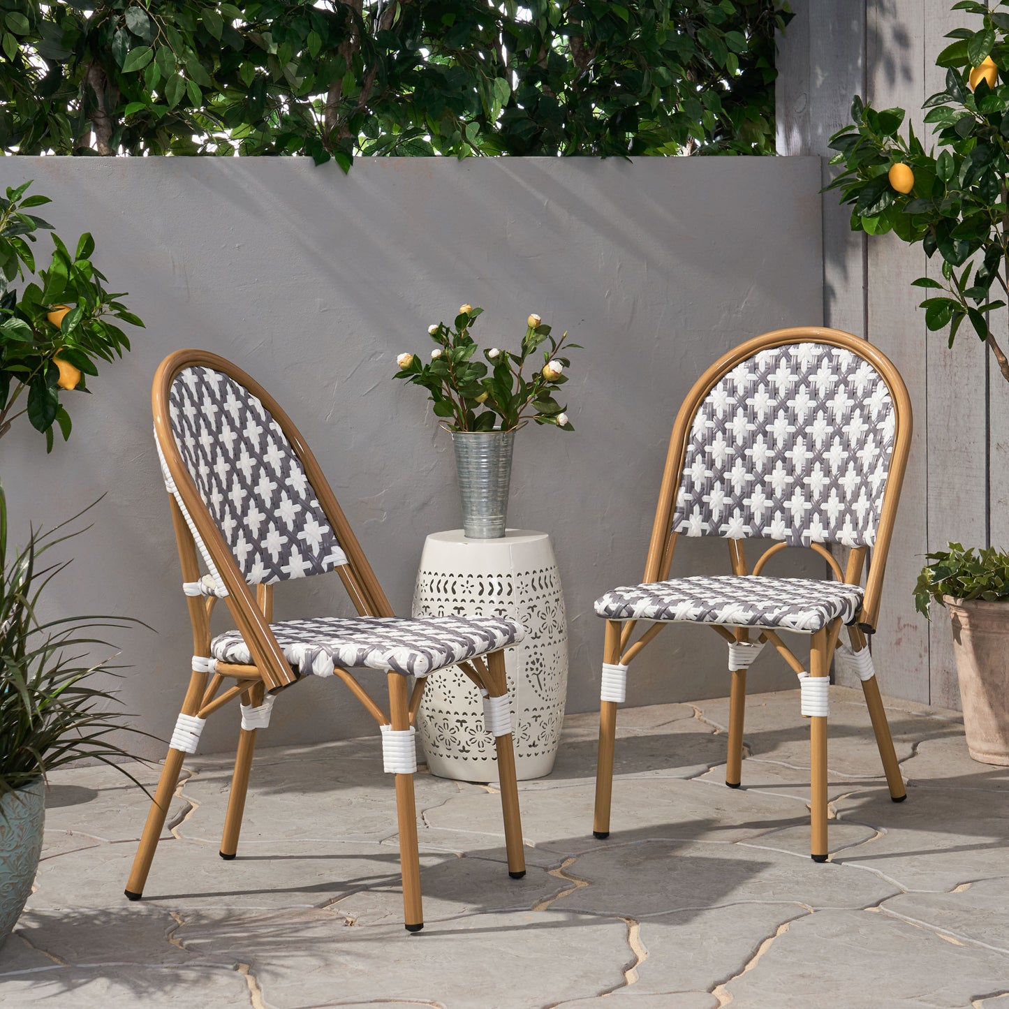 Outdoor PE Rattan and Aluminum French Bistro Chairs, Set of 2, Gray & White, and Bamboo Finish