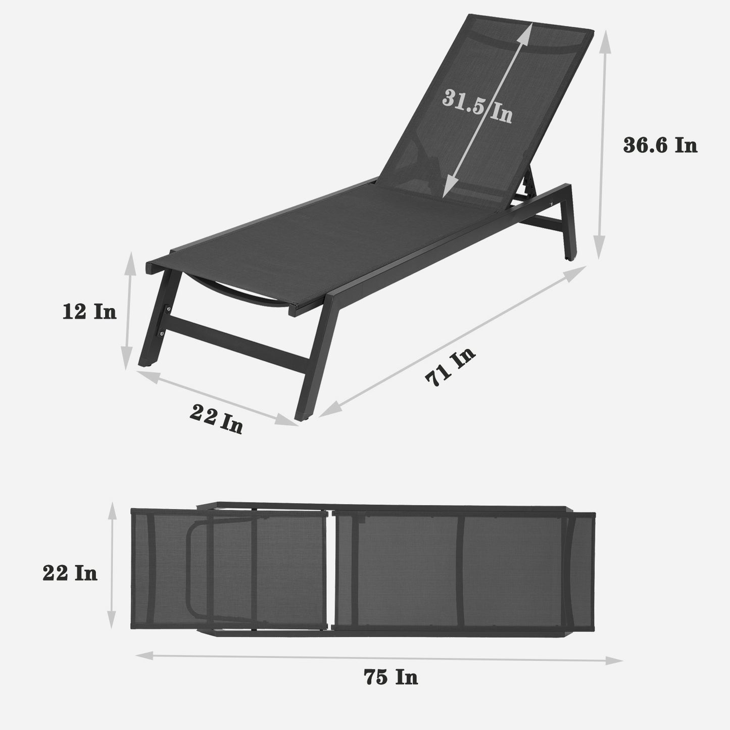 NEW Outdoor Chaise Lounge Chair,Five-Position Adjustable Aluminum Recliner,All Weather For Patio,Beach,Yard, Pool(Grey Frame/Black Fabric) Same as W41939292